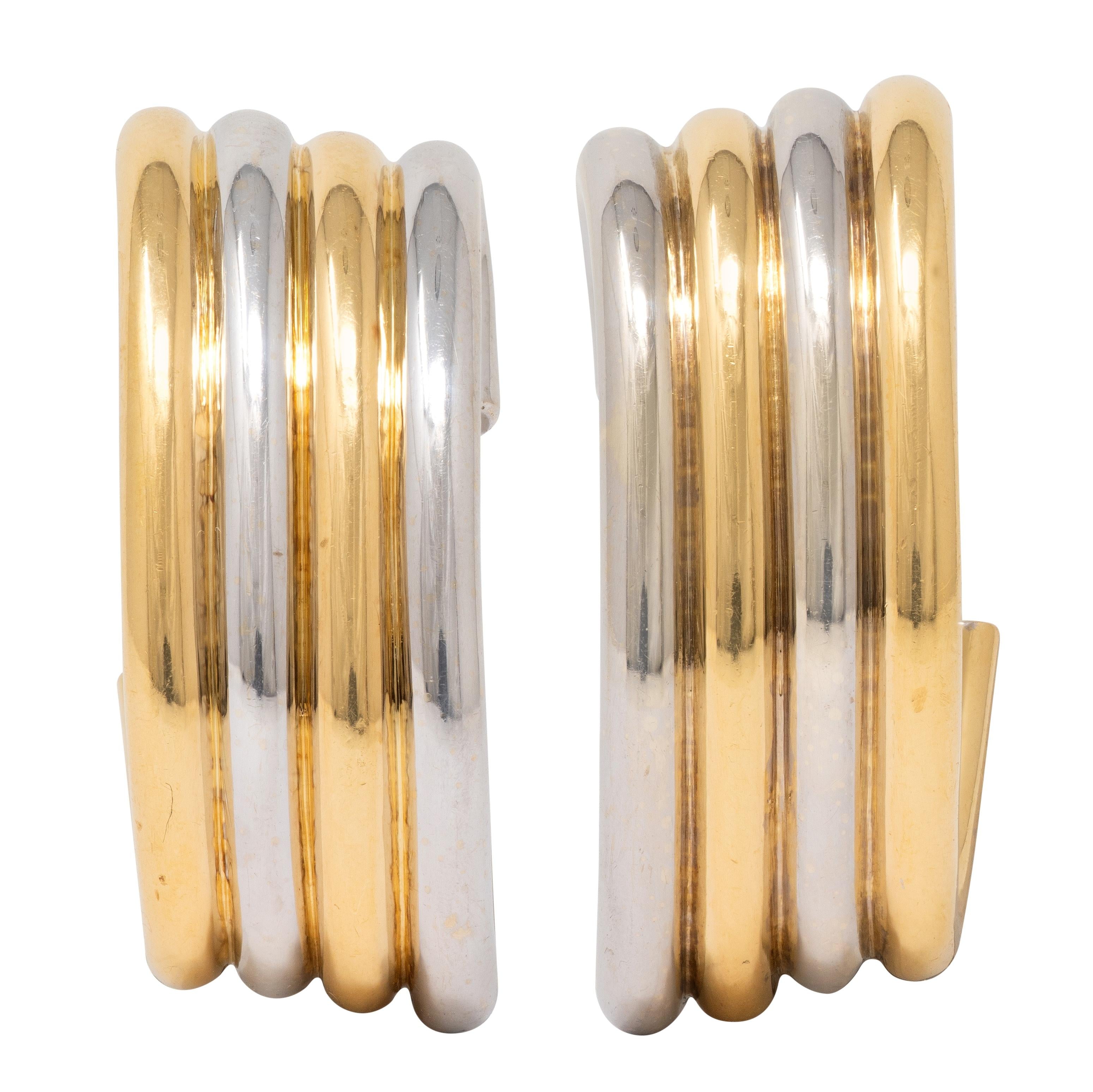 Bulgari French 1970's 18 Karat Two-Tone Gold Vintage J-Hoop Ear-Clip Earrings