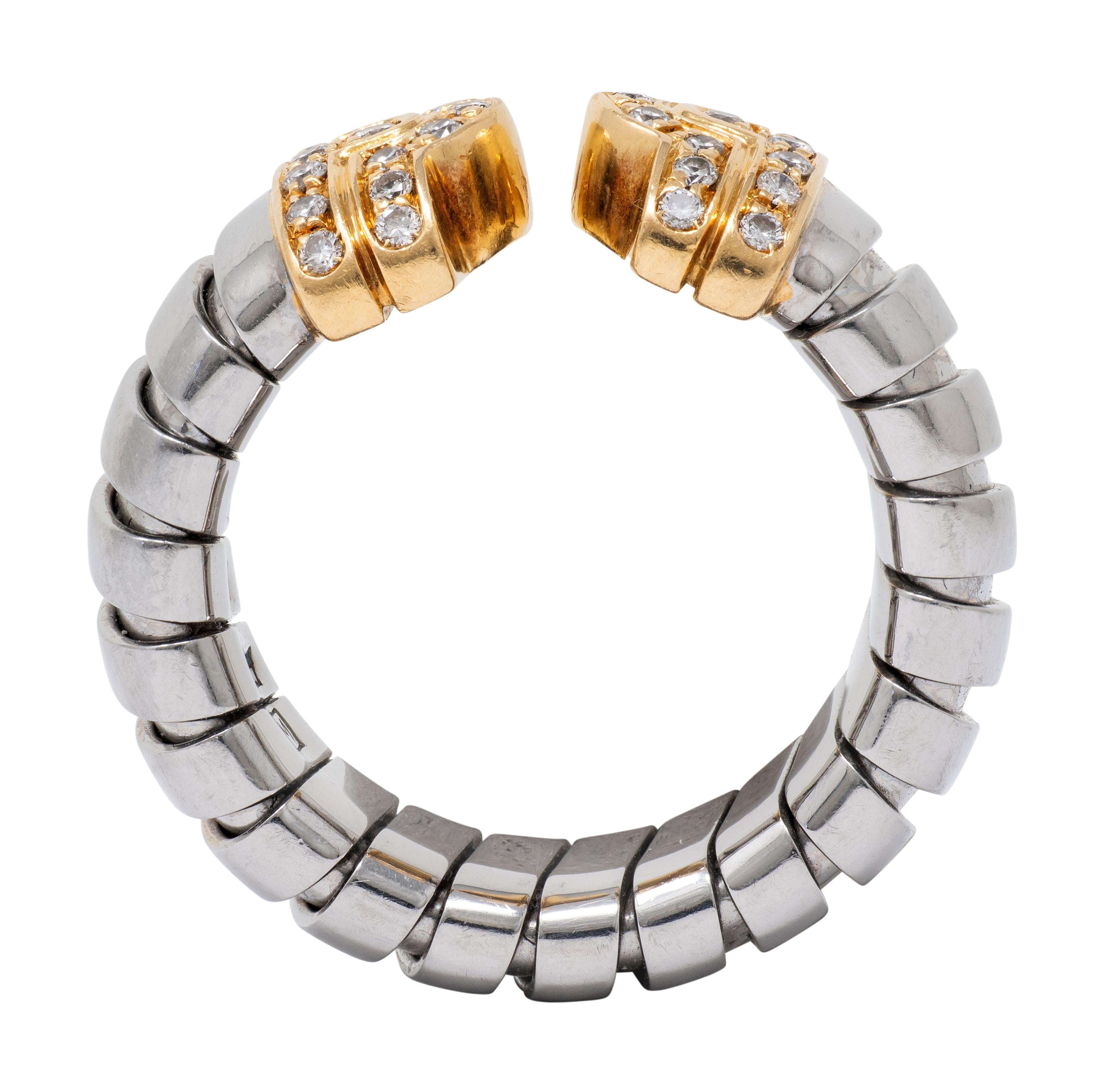 Bulgari 1990's Diamond 18K Gold Steel Vintage Parentesi Tubogas Omega Cuff Ring