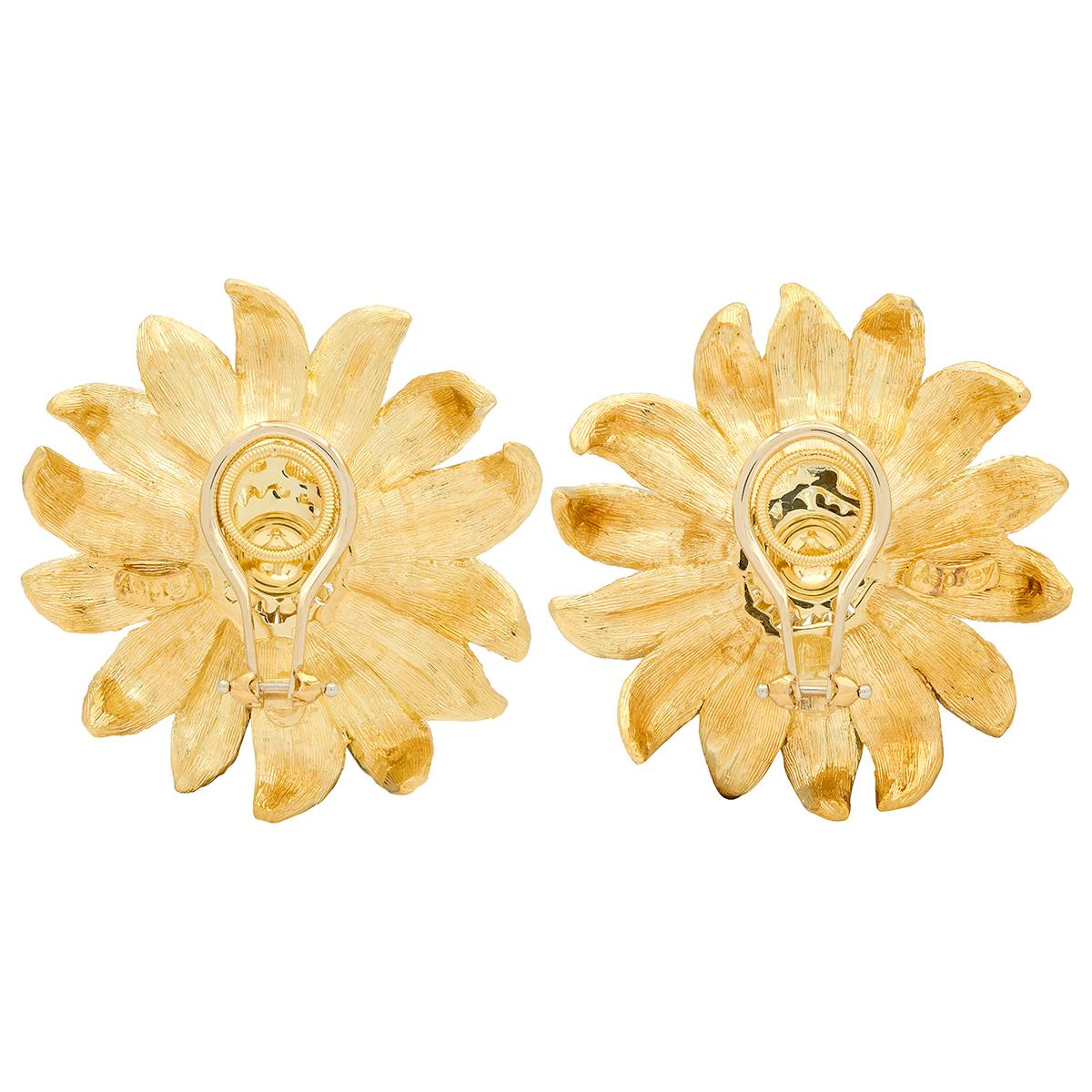 Asprey 1990's 18 Karat Yellow Gold Vintage Flower Ear-Clip Earrings