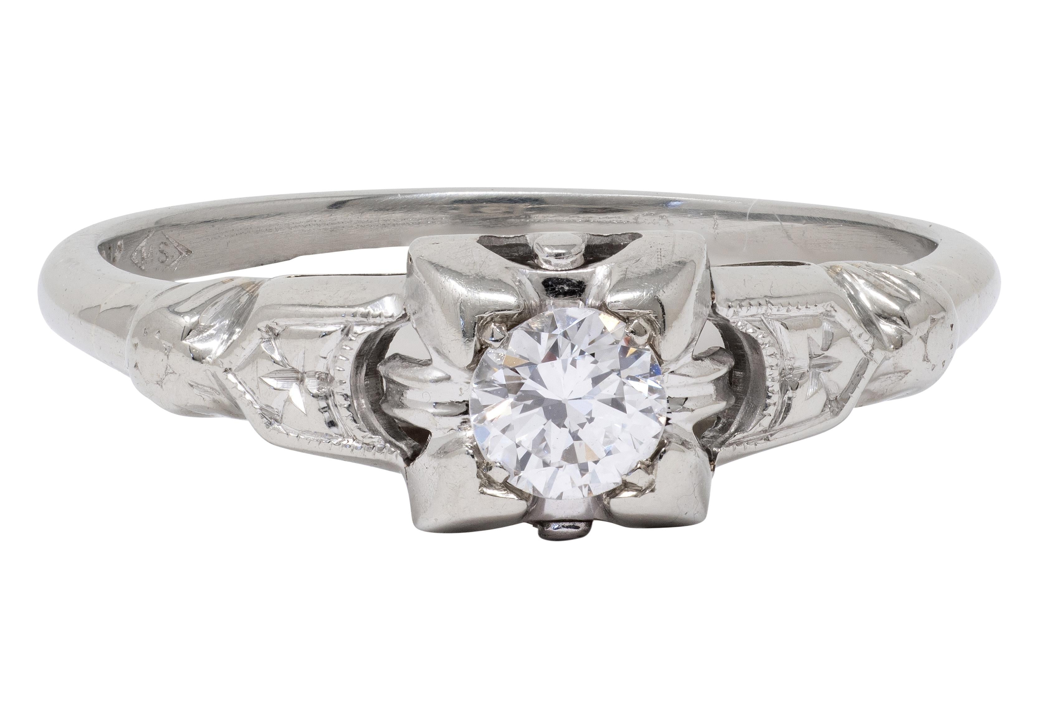 Retro Old European Diamond 18 Karat White Gold Vintage Buckle Engagement Ring