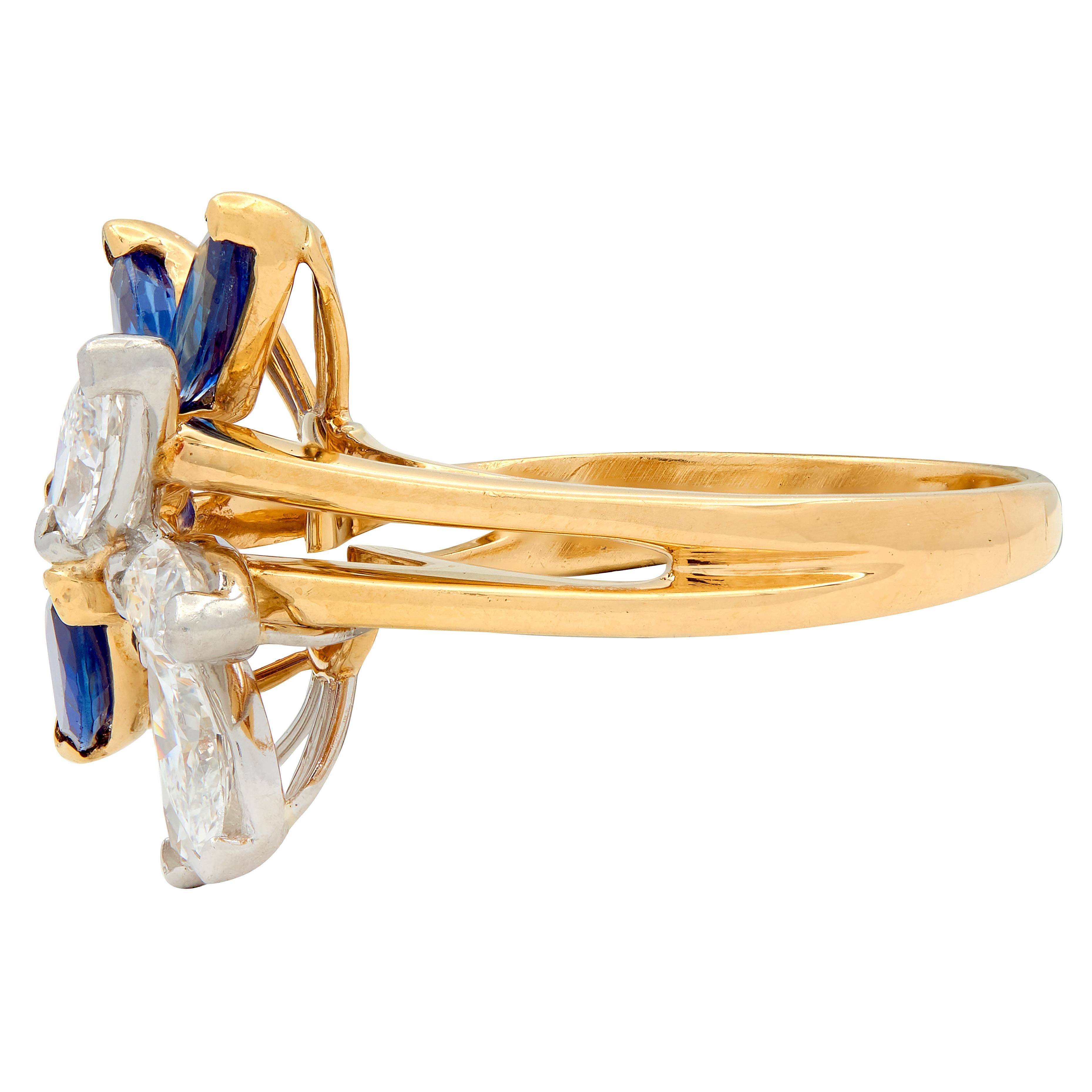 1980's Sapphire Diamond 18 Karat Yellow Gold Platinum Vintage Cluster Ring