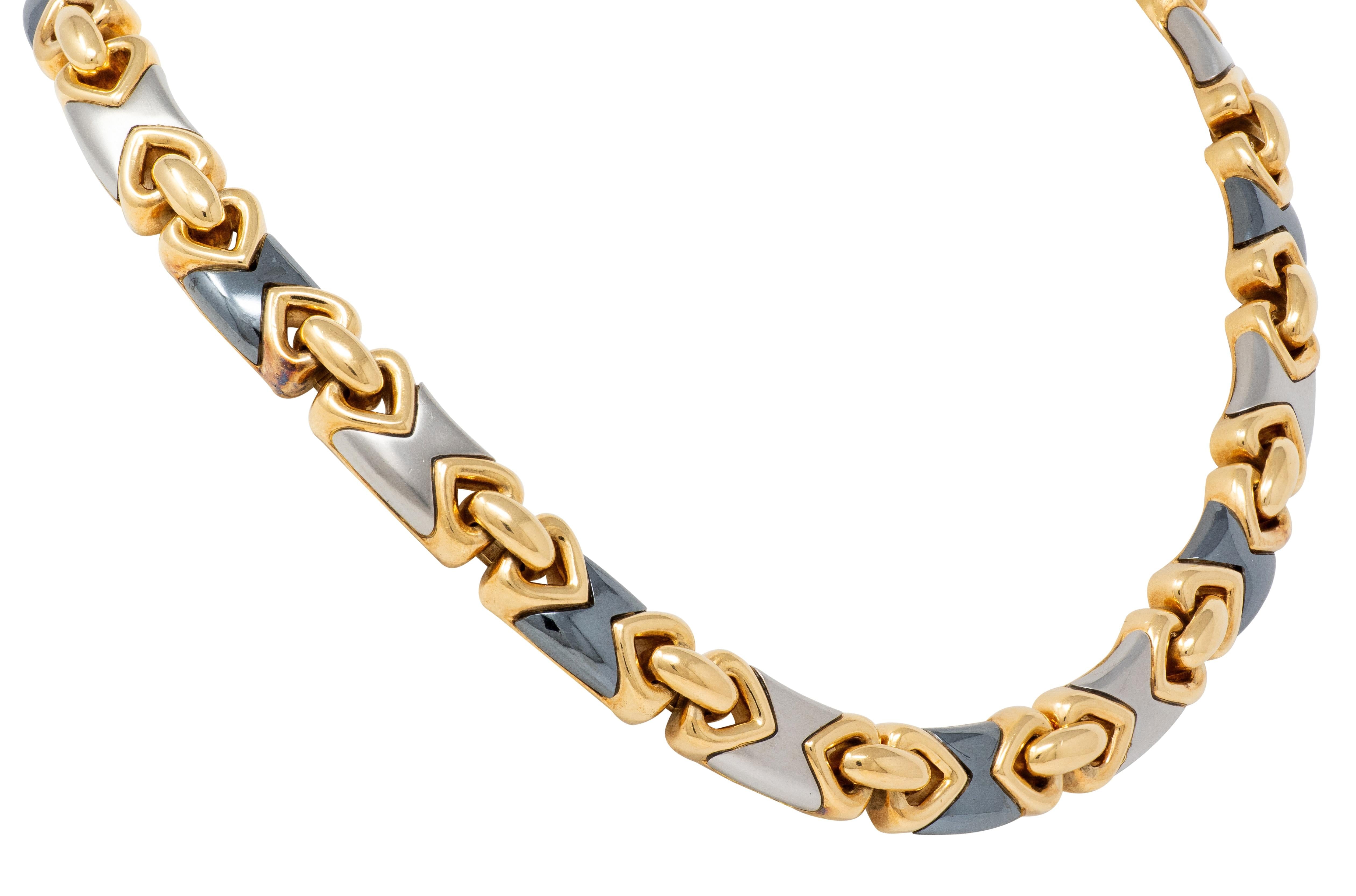 Bulgari 1980's 18 Karat Yellow Gold Hematite Steel Vintage Doppio Cuore Necklace