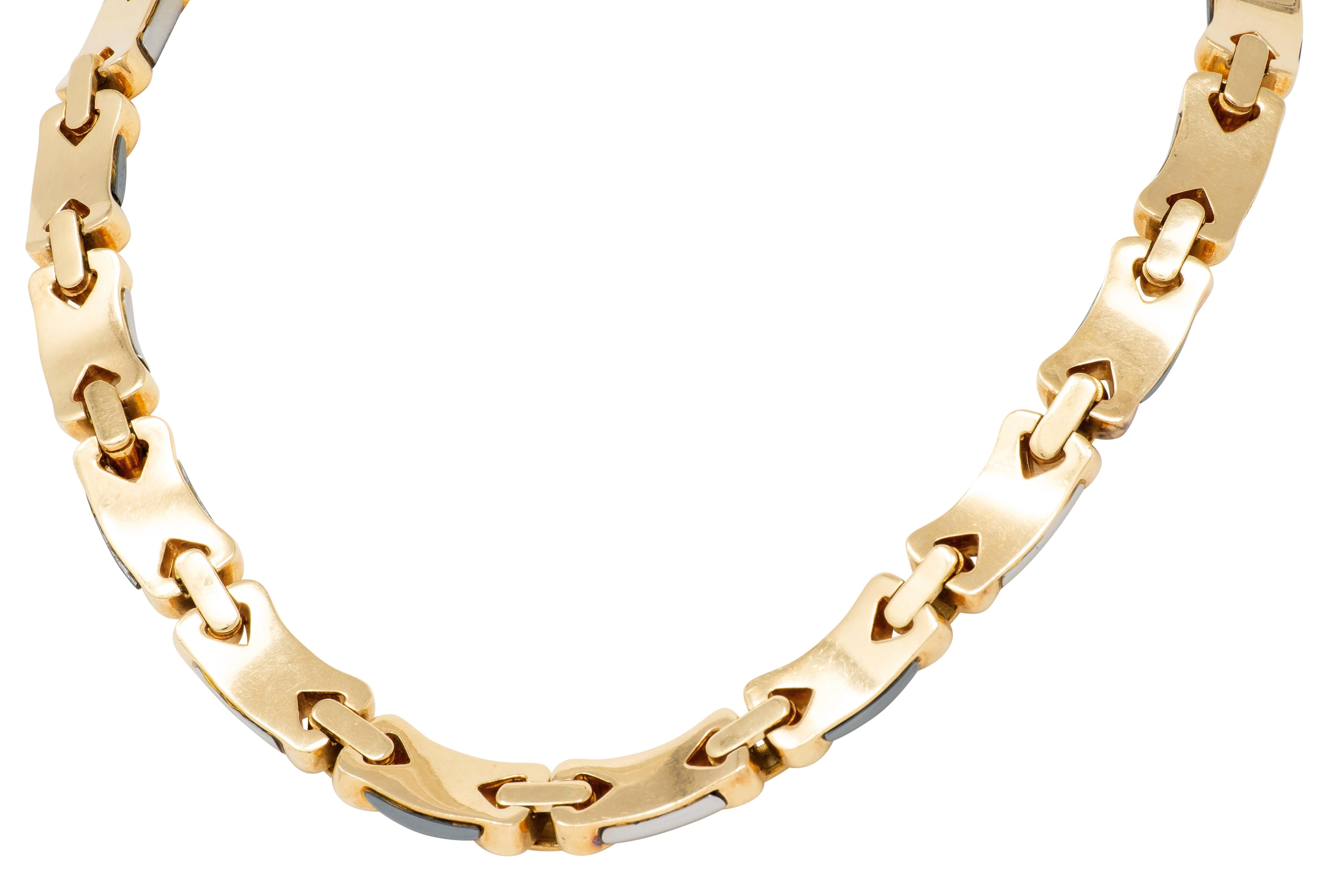 Bulgari 1980's 18 Karat Yellow Gold Hematite Steel Vintage Doppio Cuore Necklace