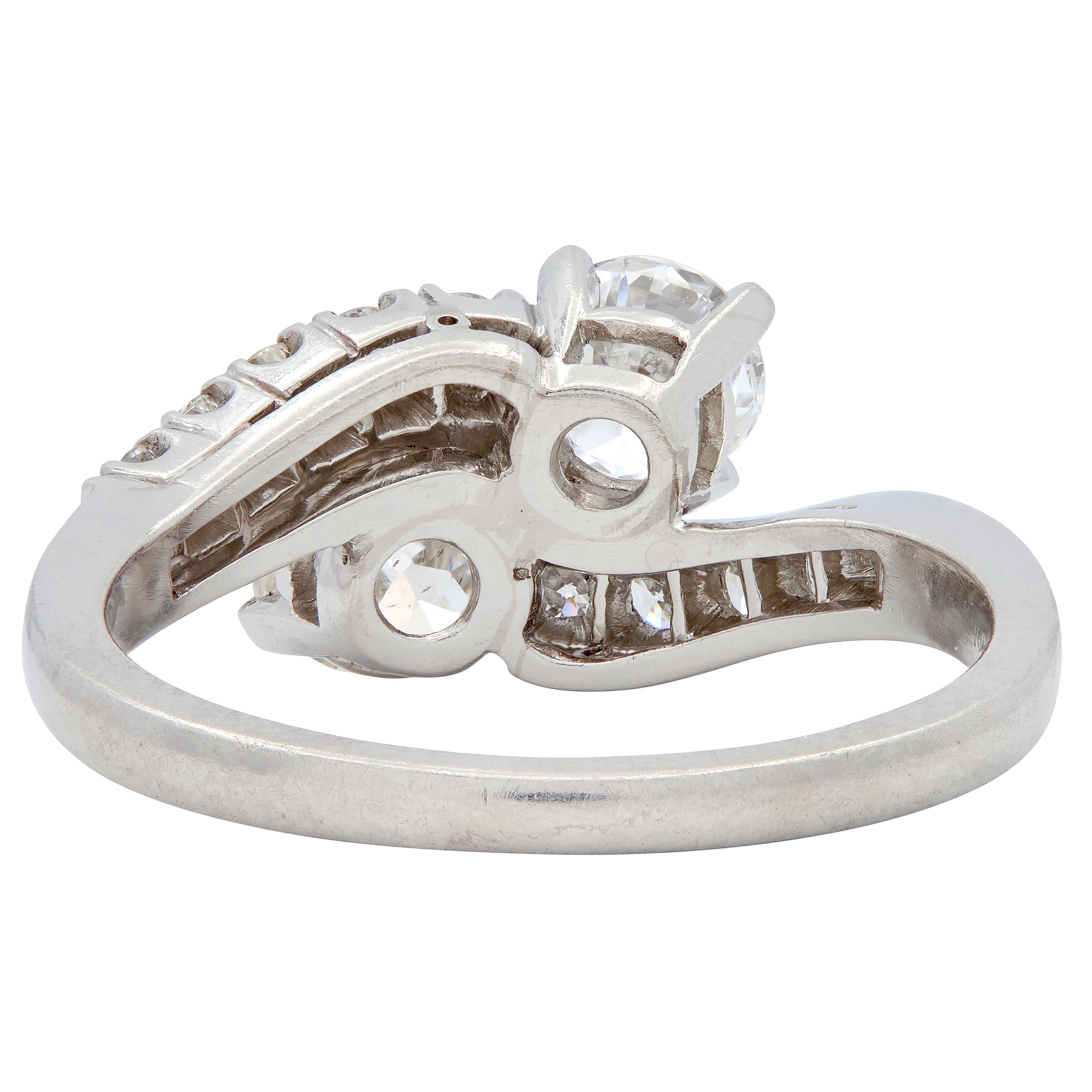 Mid-Century 1950s 1.79 CTW Old European Cut Diamond Platinum Vintage Bypass Ring