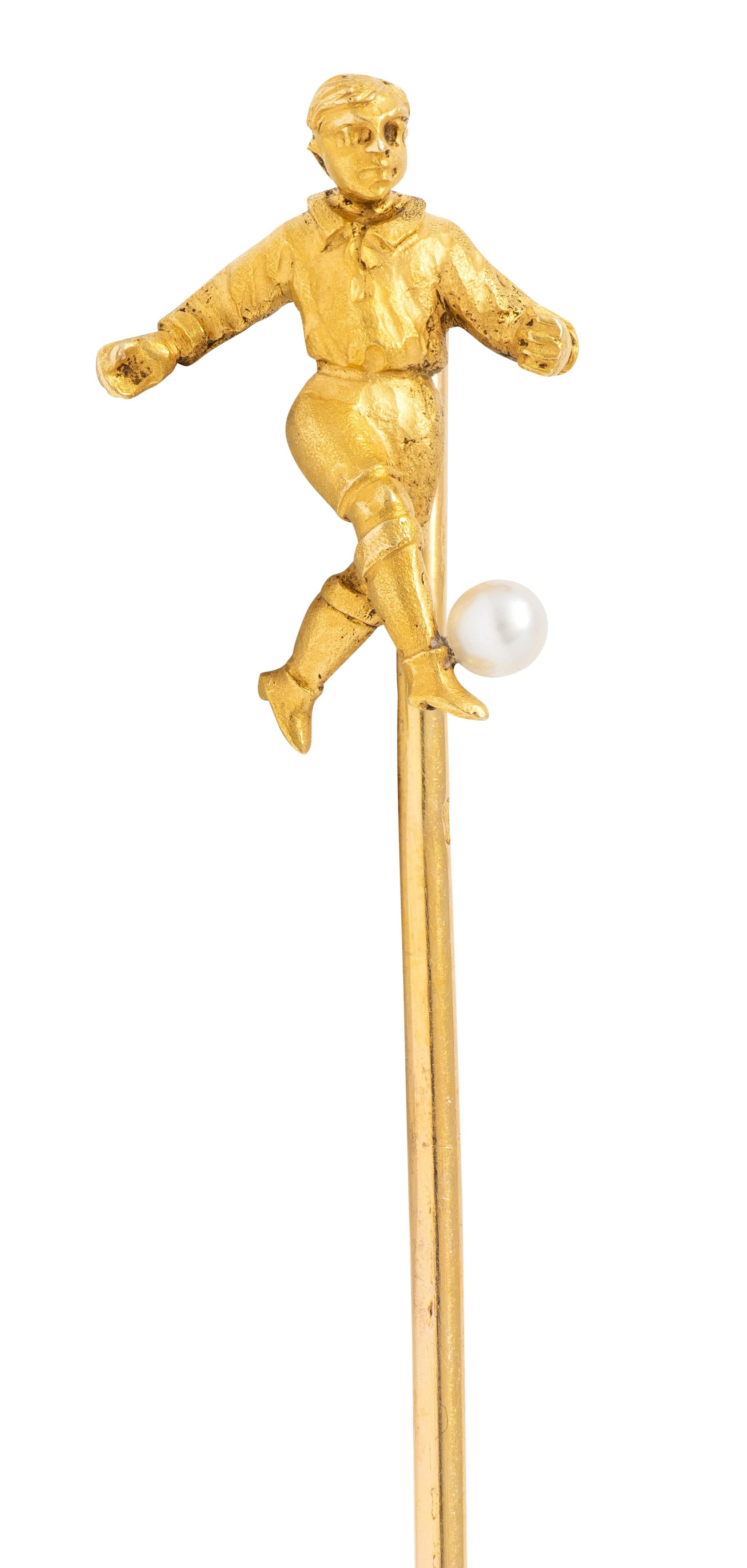 French Edwardian Pearl 18 Karat Yellow Gold Antique Soccer Stickpin