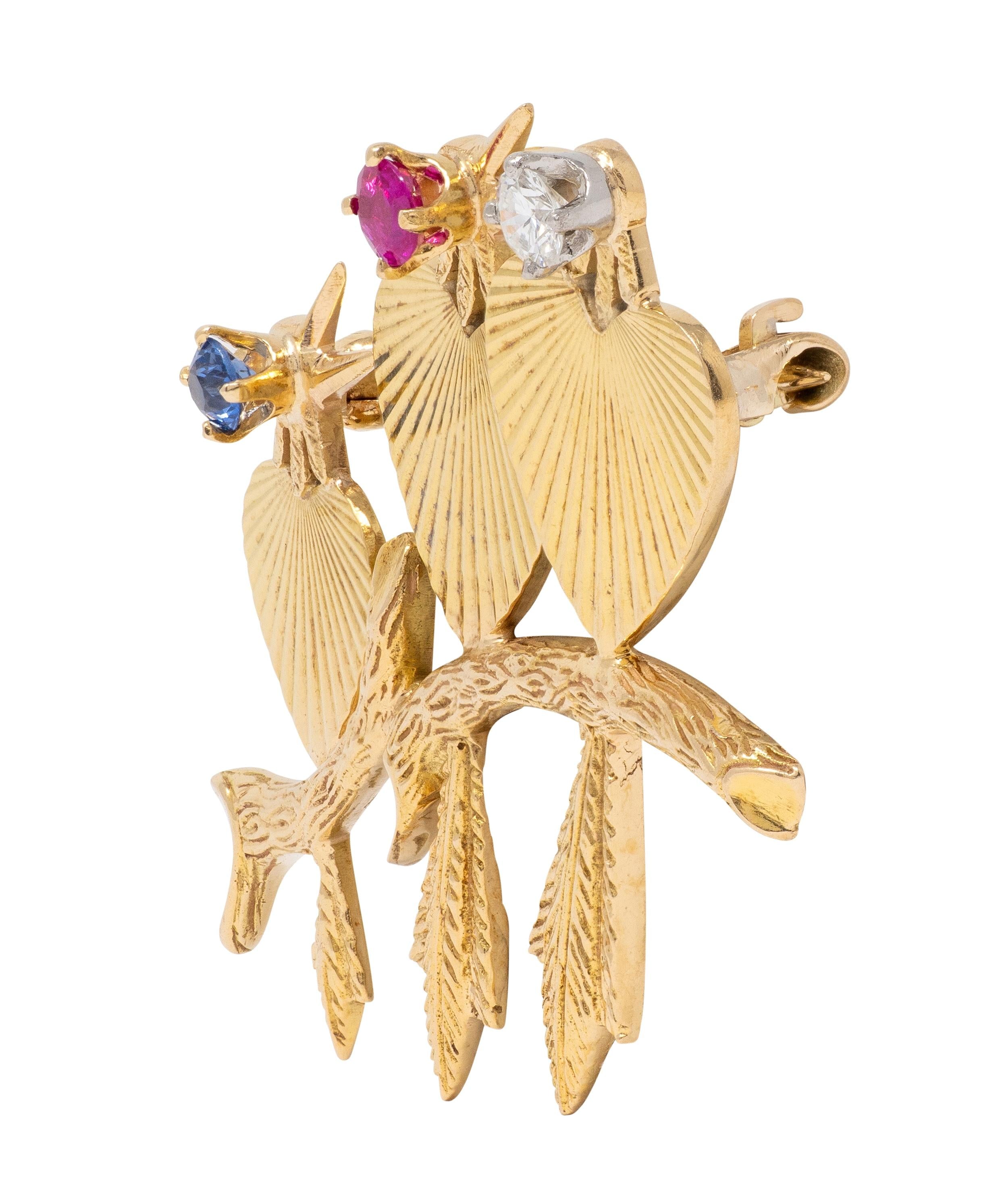 Bailey Banks & Biddle Mid-Century Multi-Gem 14K Gold Vintage Heart Birds Brooch