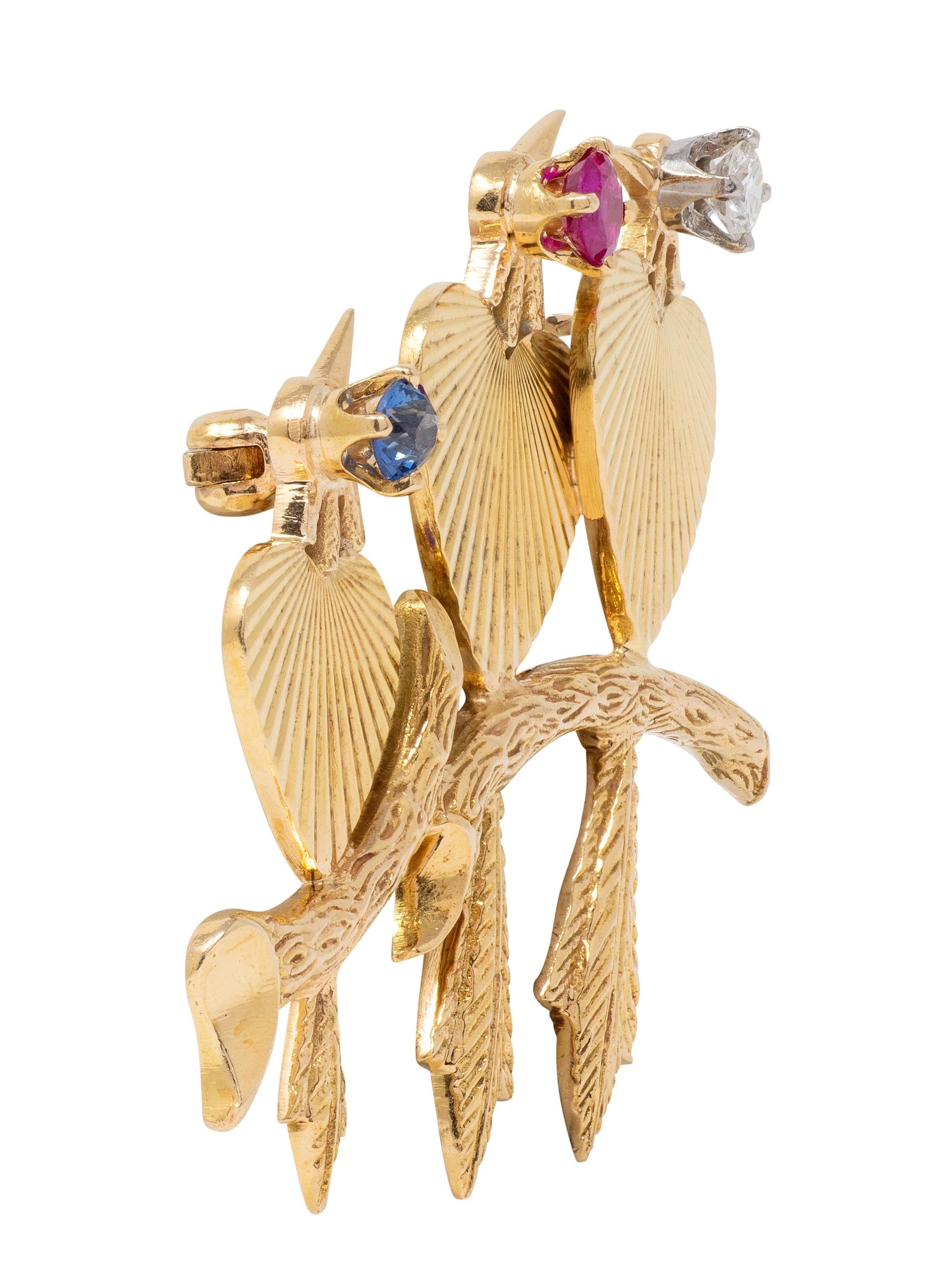 Bailey Banks & Biddle Mid-Century Multi-Gem 14K Gold Vintage Heart Birds Brooch