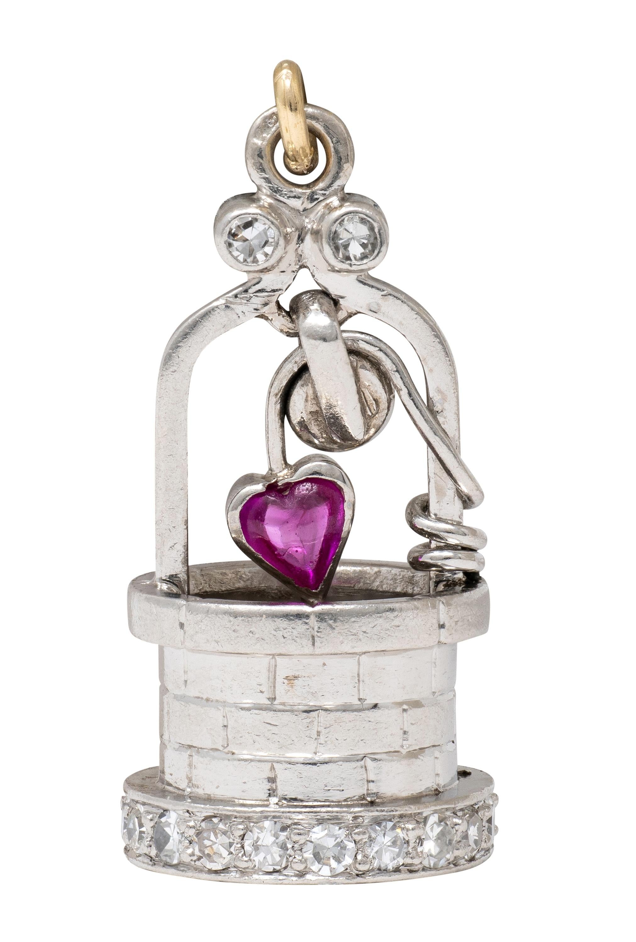 French Art Deco Diamond Ruby Platinum Vintage Heart Wishing Well Charm
