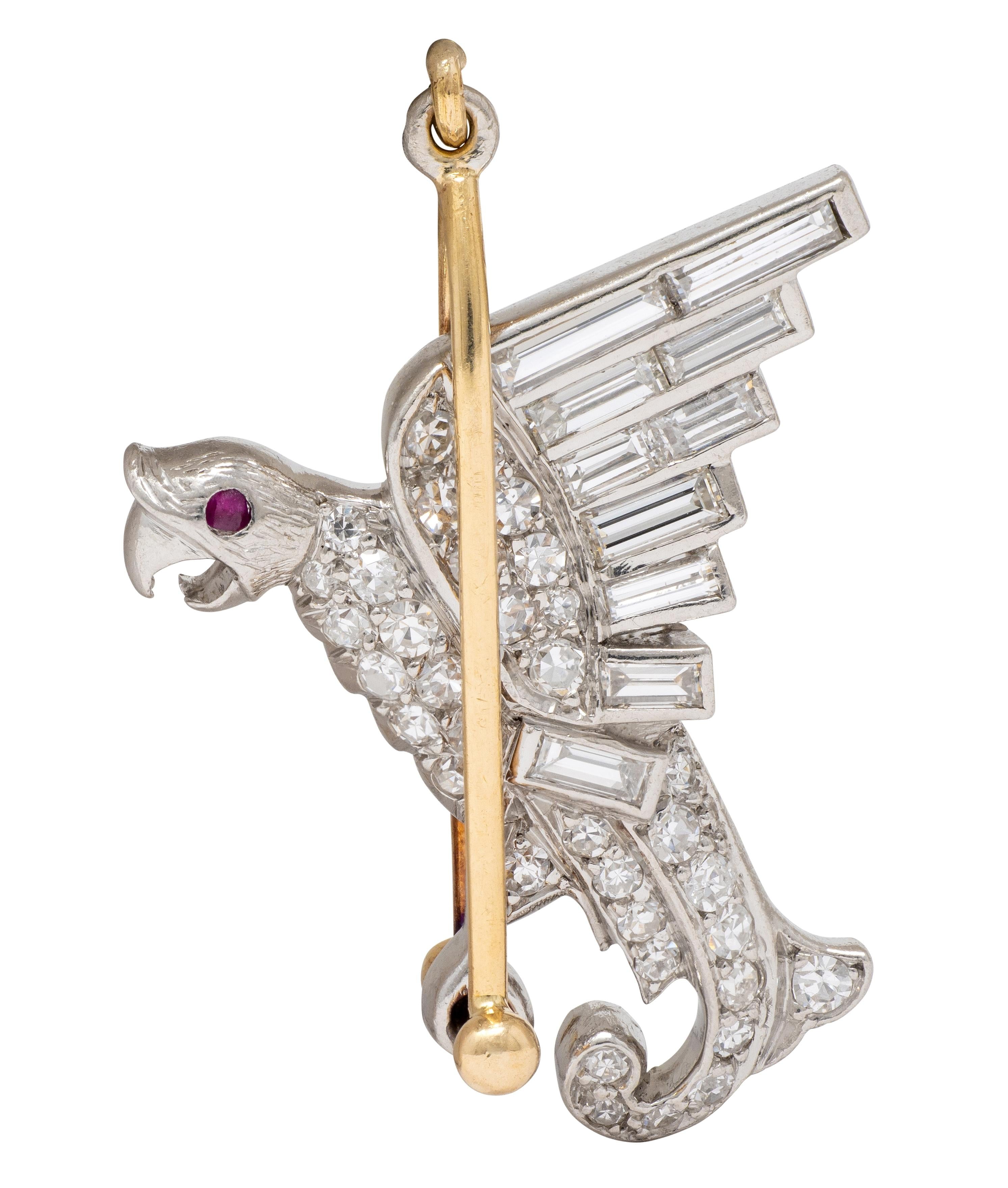 Art Deco Diamond Ruby 18 Karat Yellow Gold Platinum Vintage Parrot Bird Charm