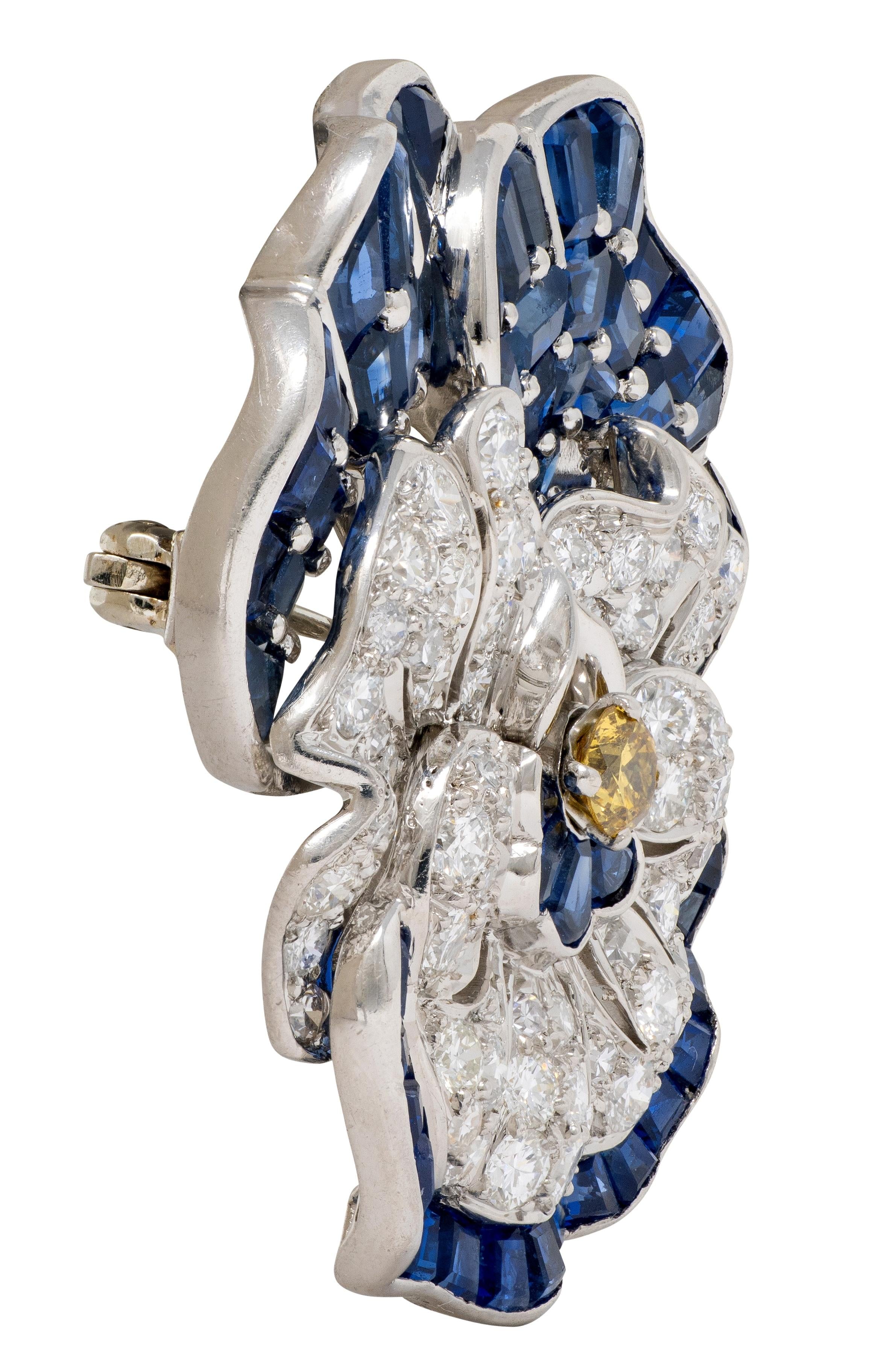 Vintage 1950's Diamond Sapphire Platinum Pansy Flower Brooch