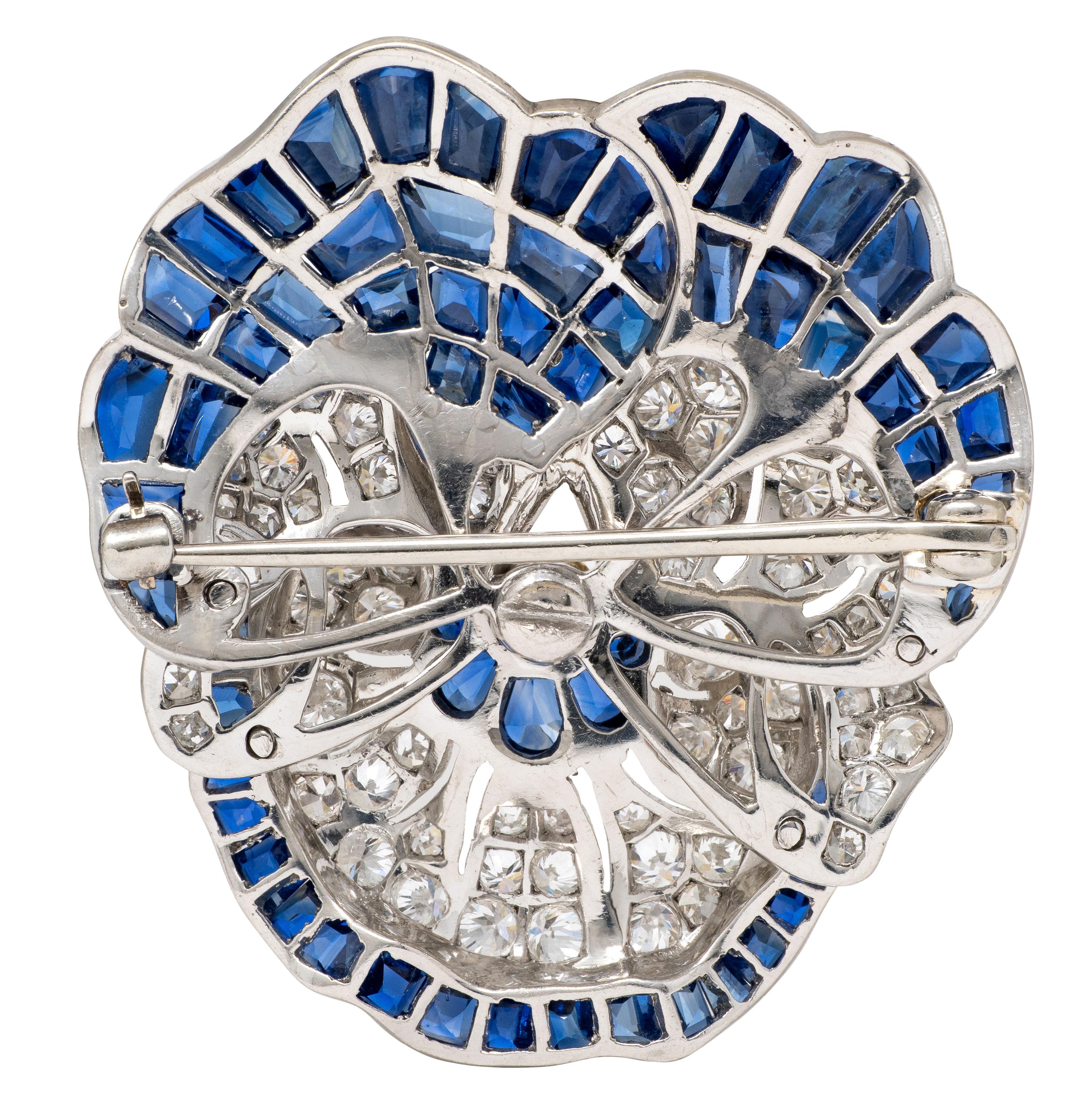 Vintage 1950's Diamond Sapphire Platinum Pansy Flower Brooch