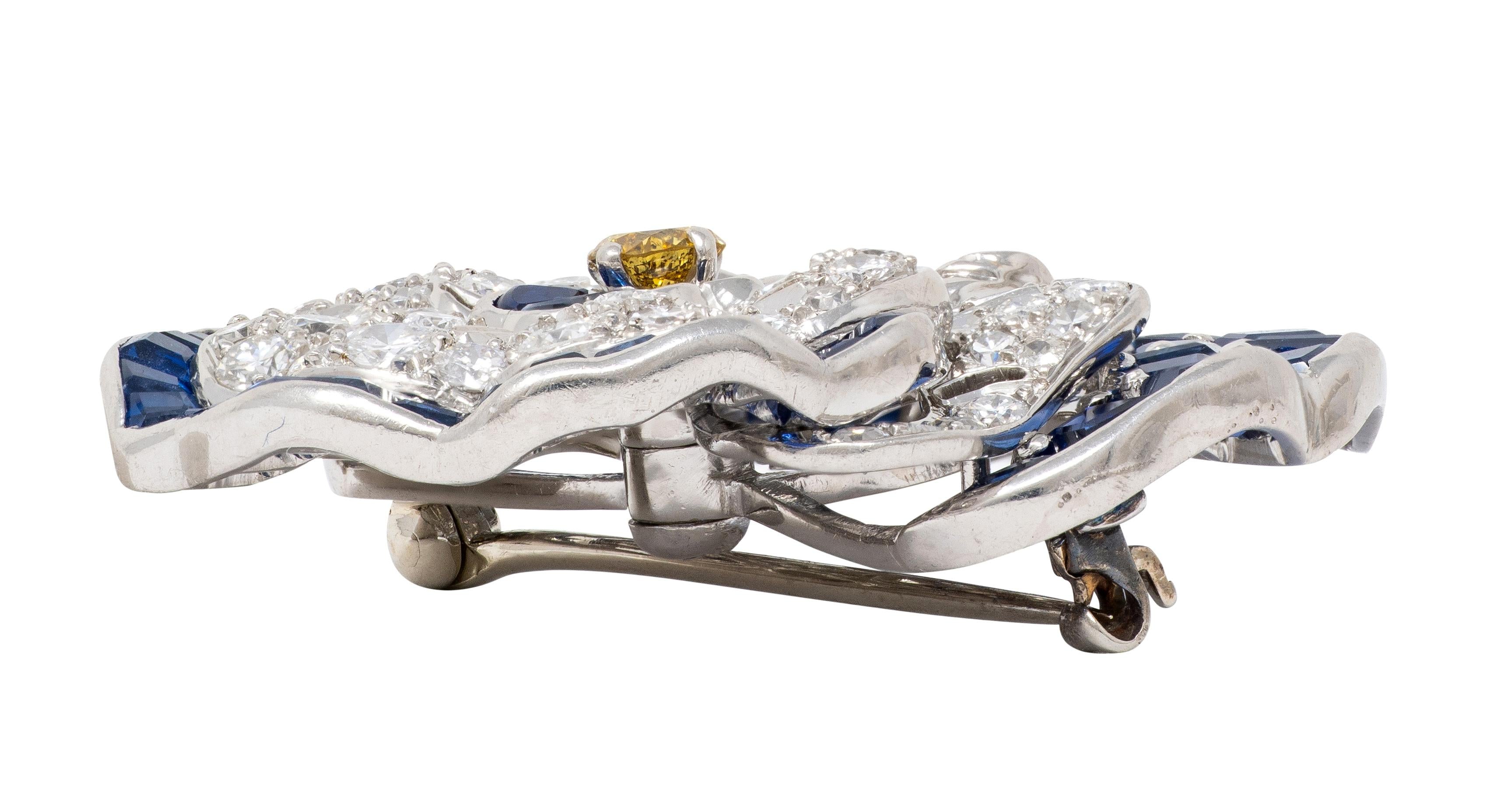 Vintage 1950's Diamond Sapphire Platinum Pansy Flower Brooch