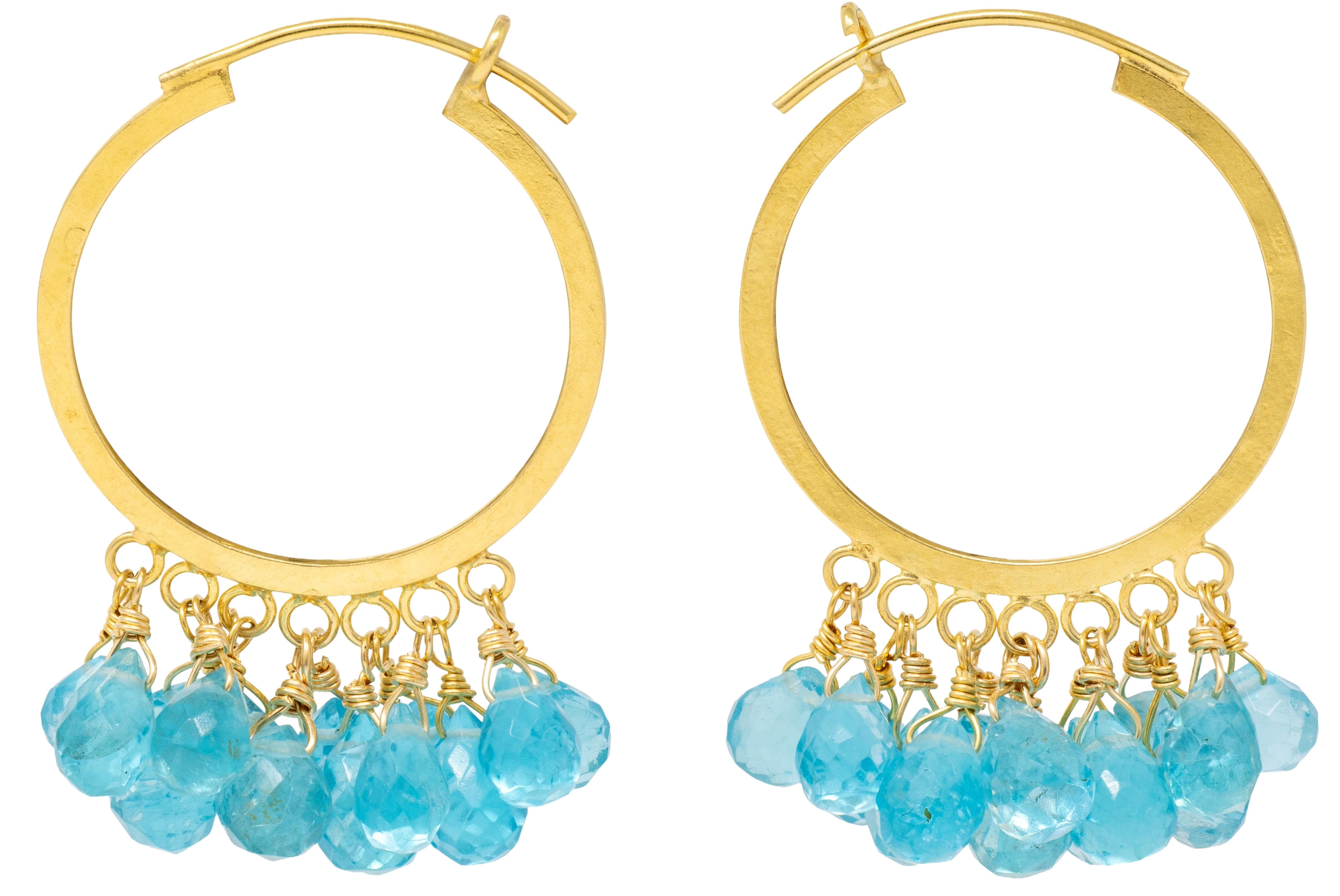 2000's Apatite 18 Karat Yellow Gold Beaded Fringe Hoop Earrings