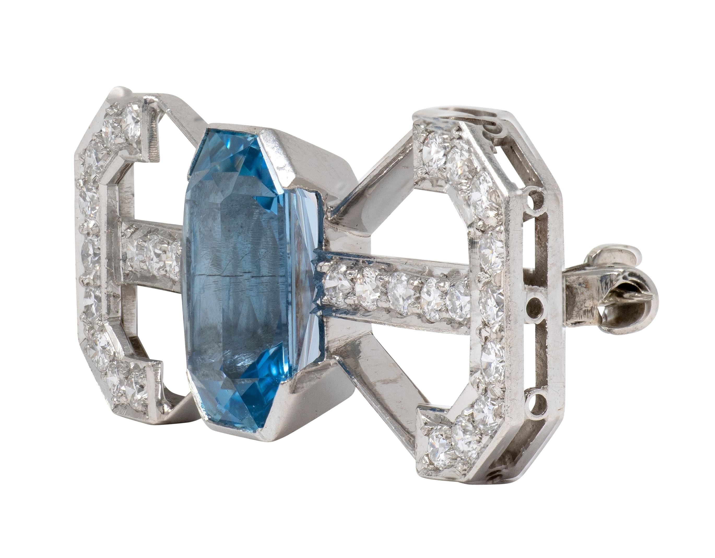 Art Deco 5.14 CTW Aquamarine Diamond Platinum Vintage Bow-Tie Brooch