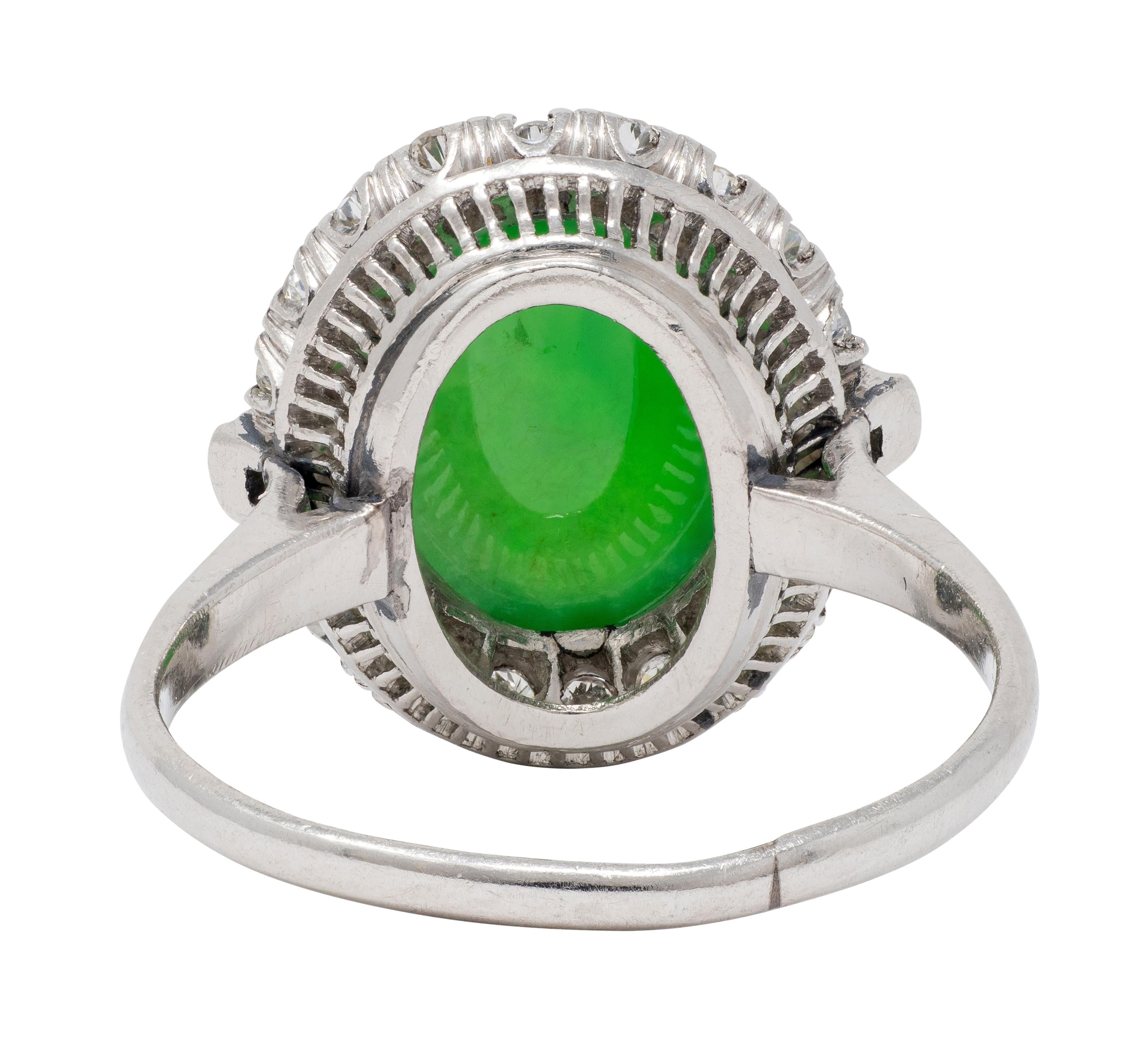Mid-Century Jade Diamond Platinum Vintage Halo Cocktail Ring