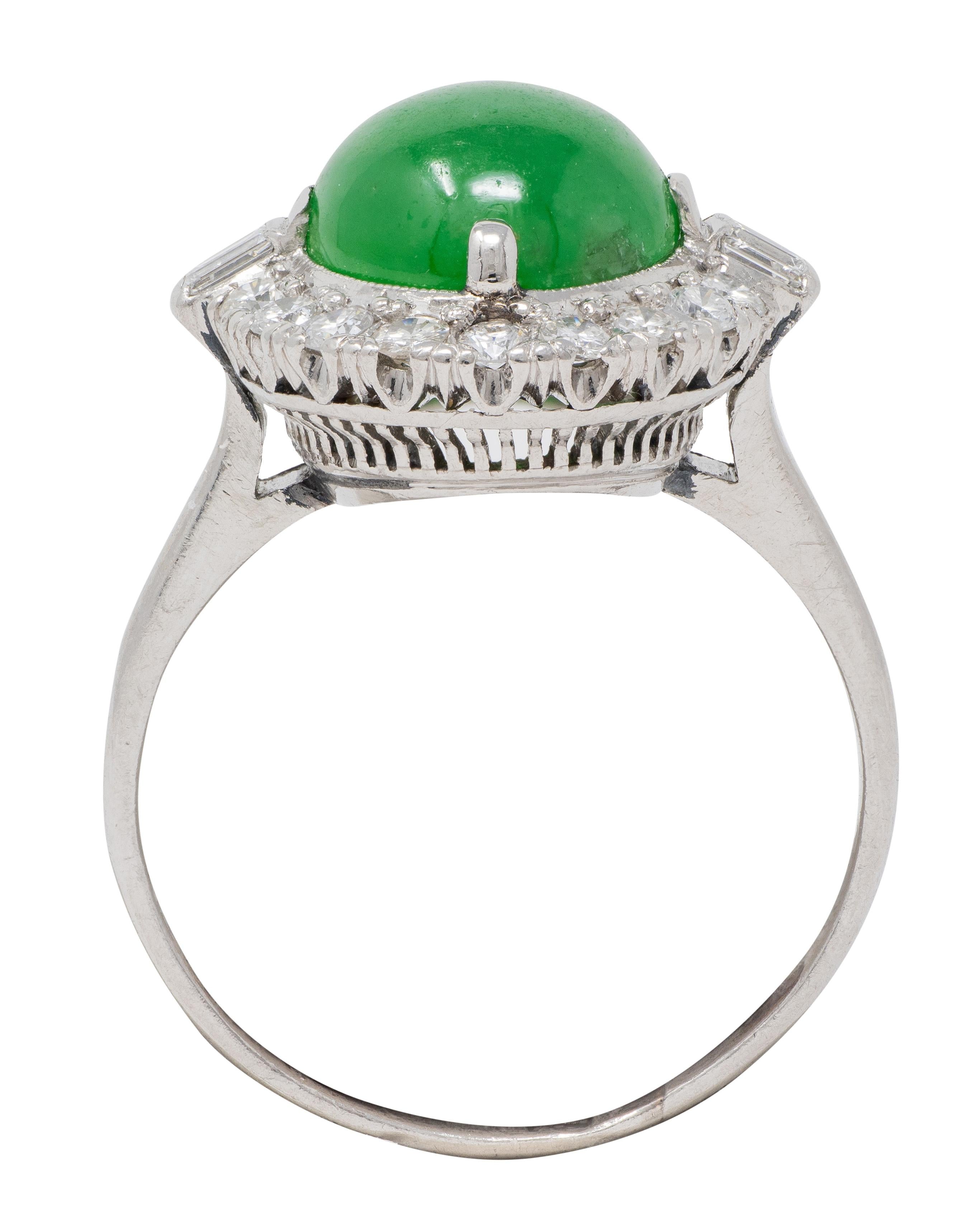 Mid-Century Jade Diamond Platinum Vintage Halo Cocktail Ring
