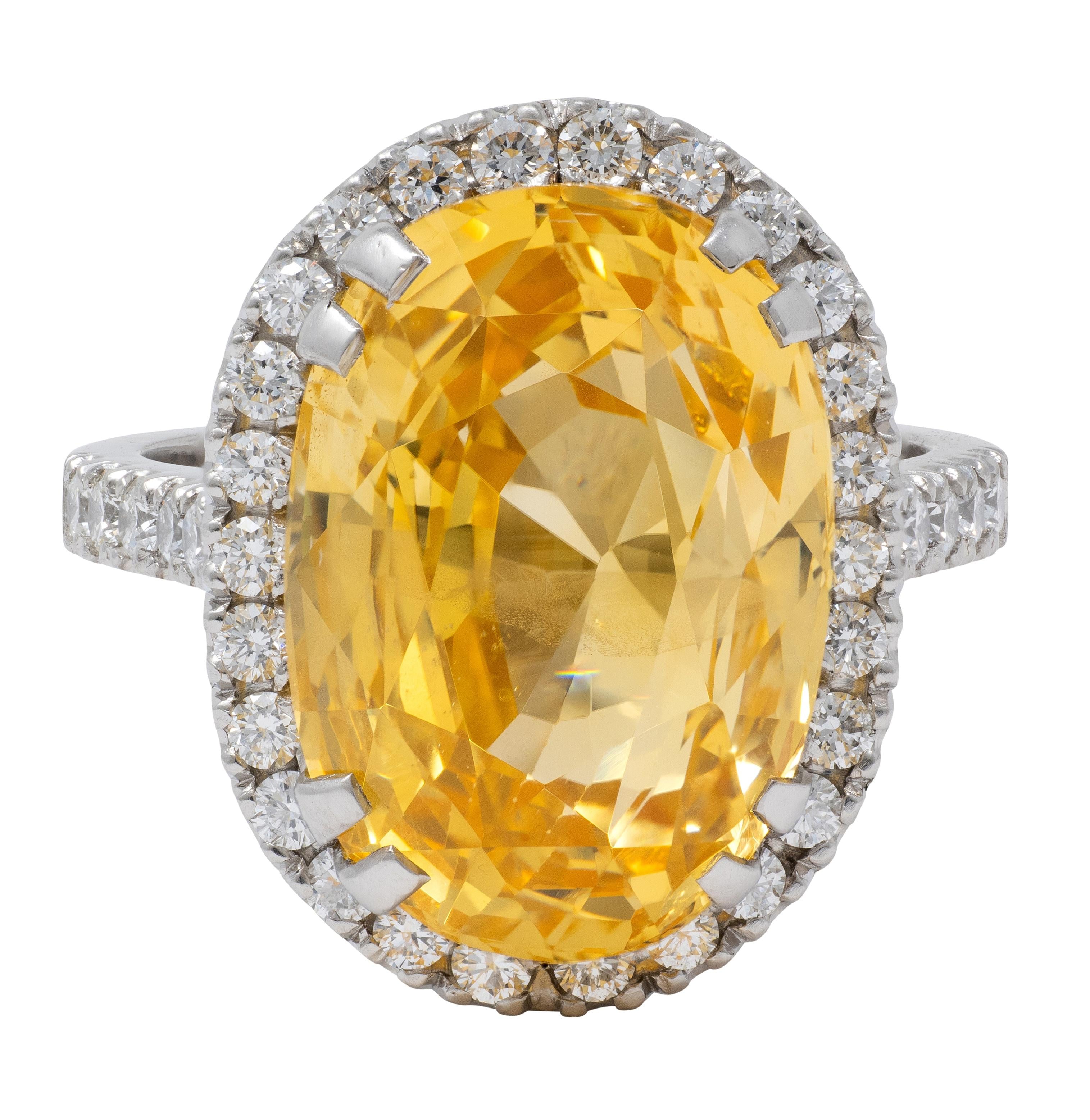 Contemporary No Heat Yellow Ceylon Sapphire Diamond Platinum Halo Ring GIA