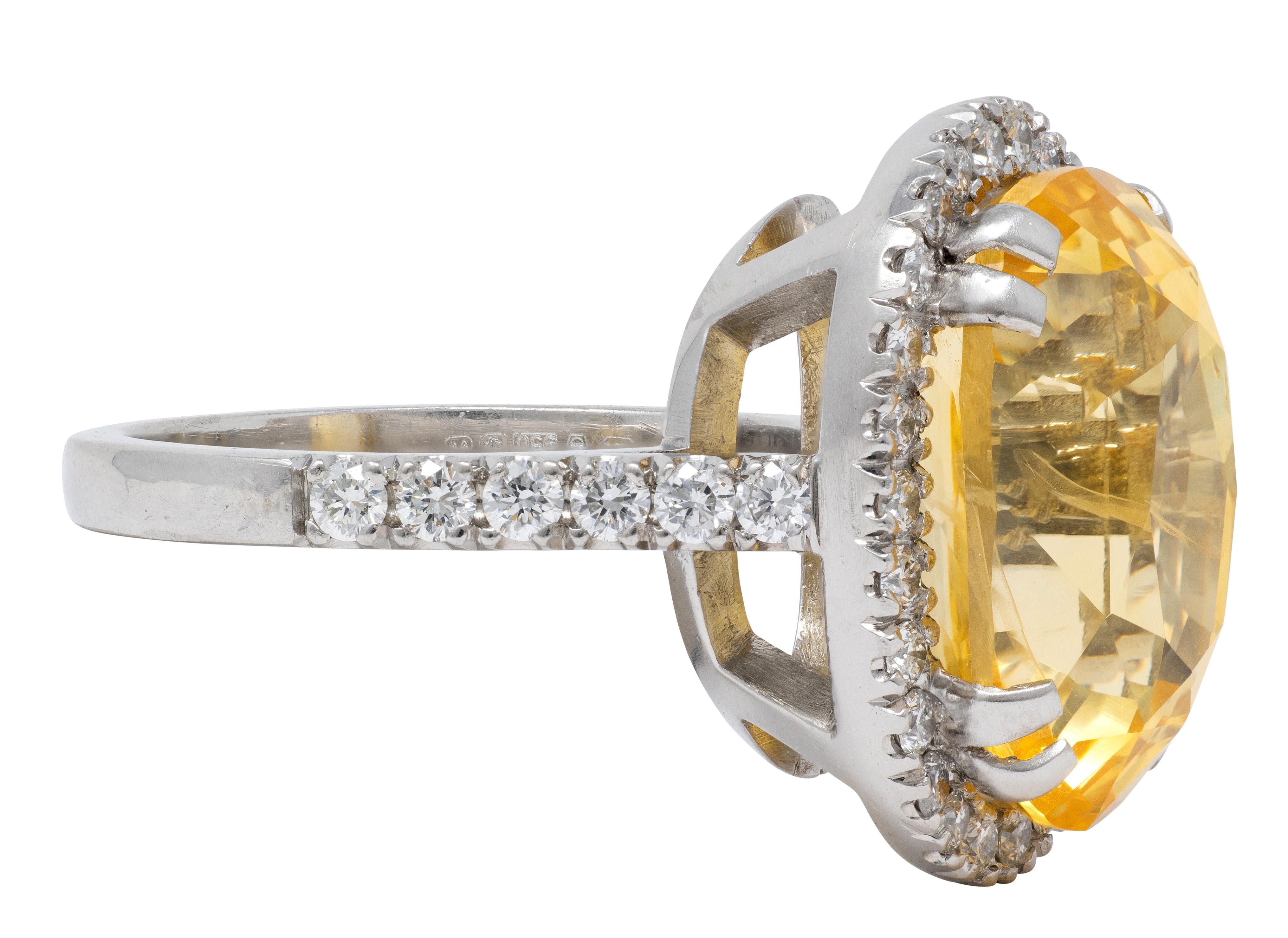 Contemporary No Heat Yellow Ceylon Sapphire Diamond Platinum Halo Ring GIA