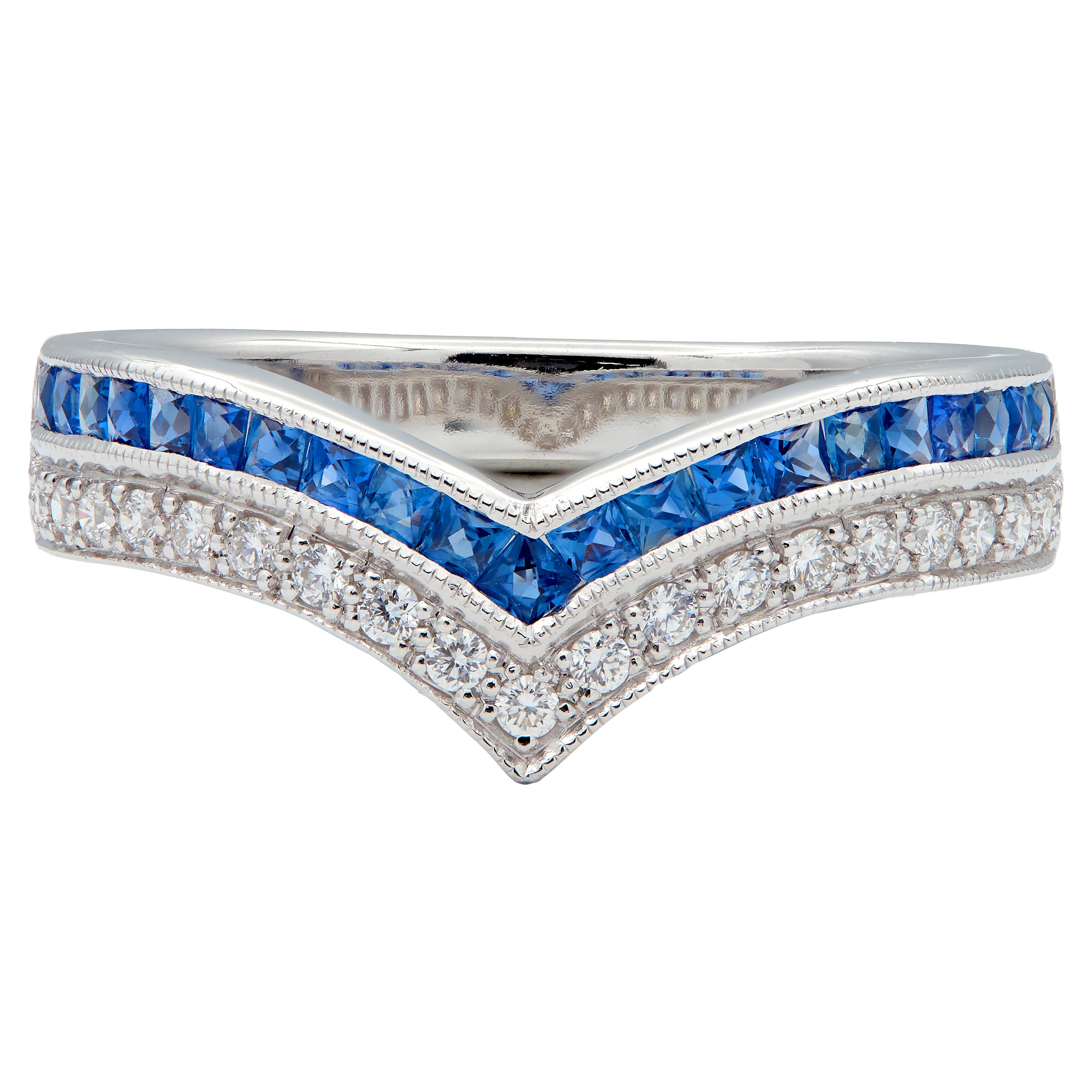 Contemporary French Cut Sapphire Diamond 14K Gold Chevron Contour Band Ring