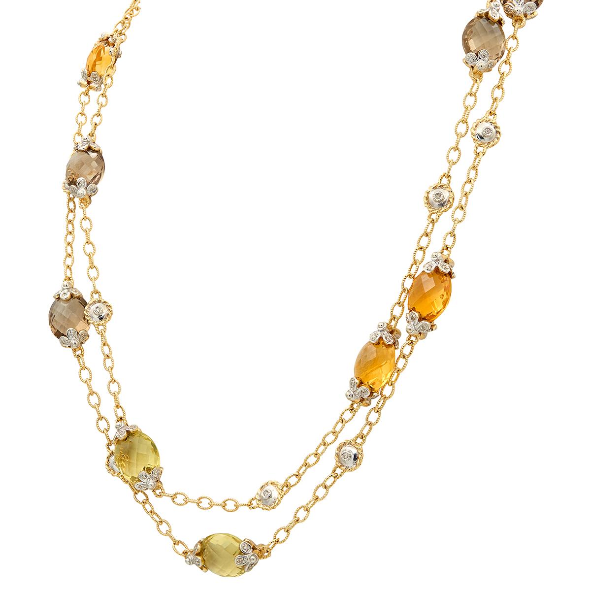 2000's Diamond Multi-Gem 14K Two-Tone Gold Contemporary Beaded Station Necklace