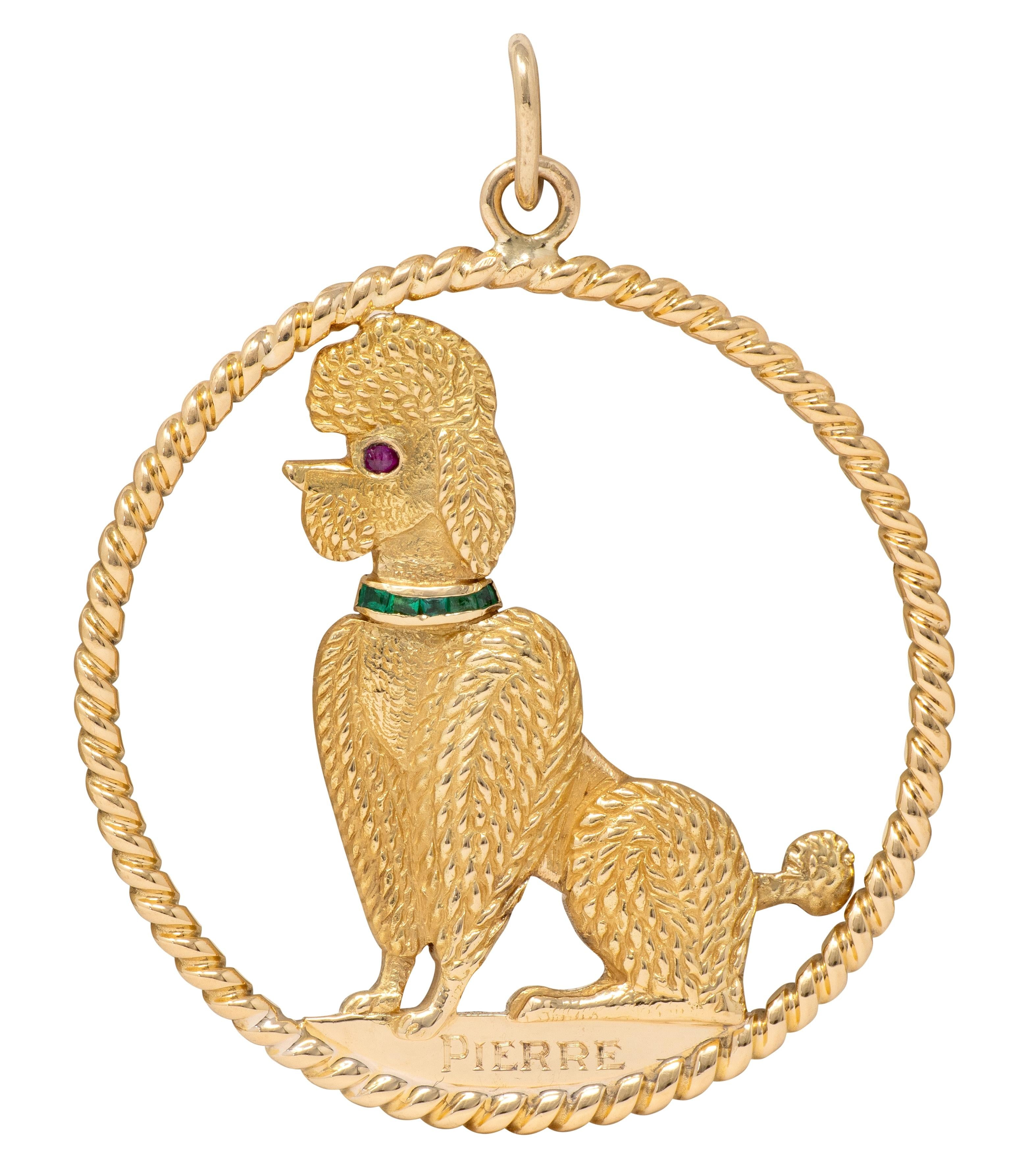 Cartier 1950's Emerald Ruby 18 Karat Yellow Gold Vintage Poodle Dog Pendant