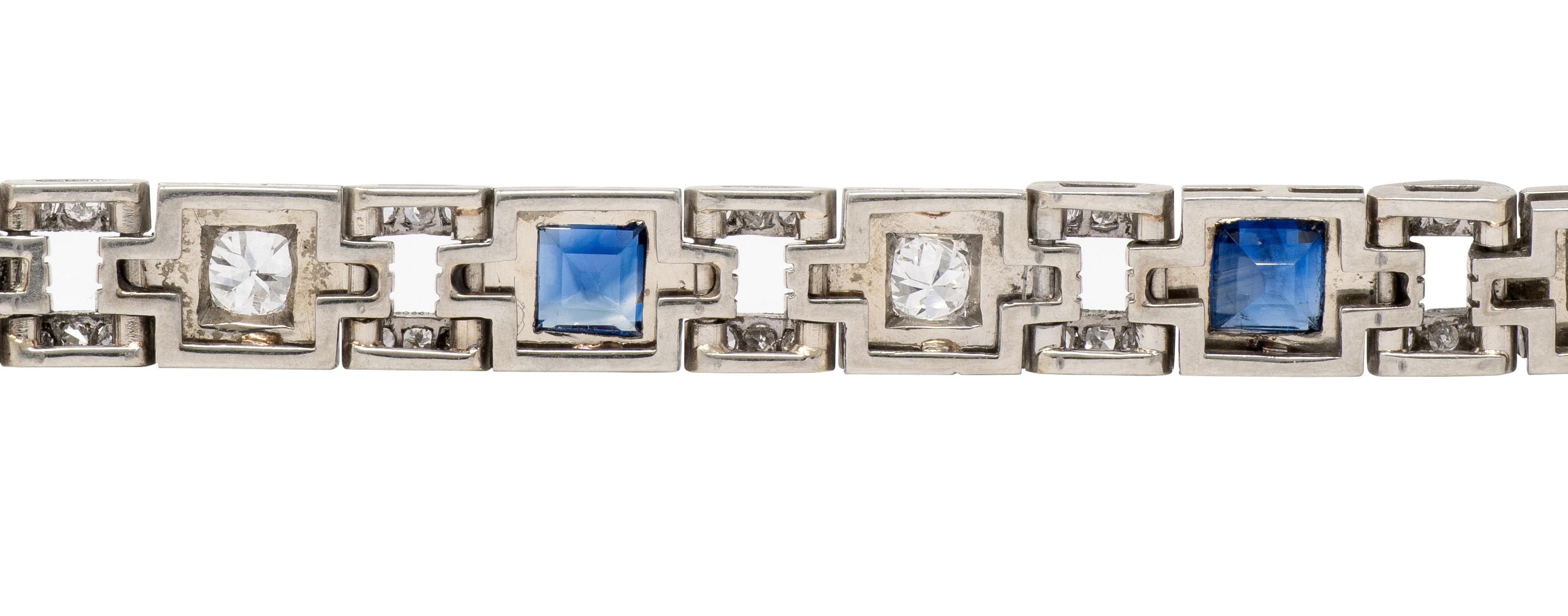 Art Deco 5.84 CTW Diamond Sapphire 18 Karat White Gold Vintage Line Bracelet