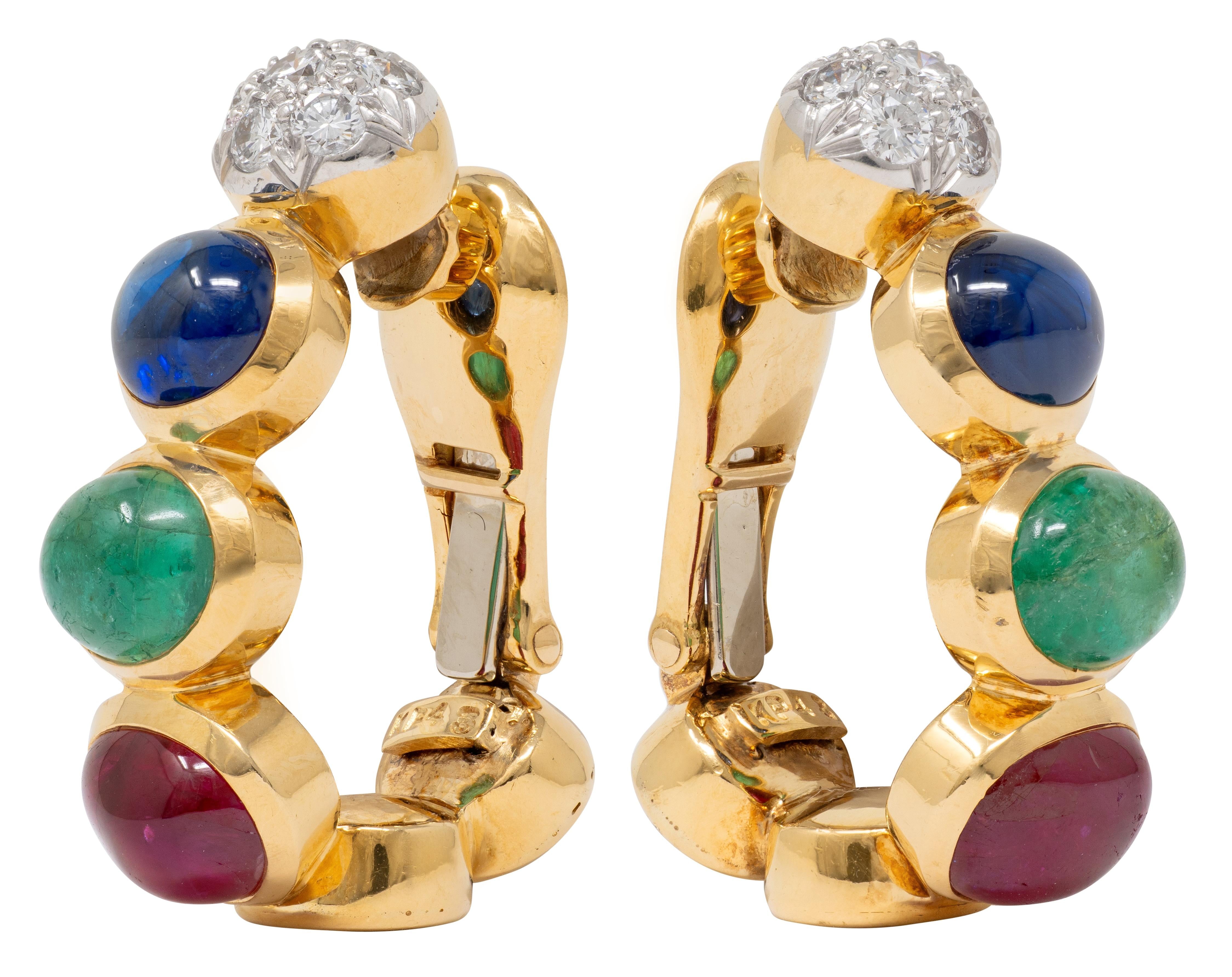 David Webb 1980's Multi-Gem 18K Gold Platinum Vintage J-Hoop Ear-Clip Earrings