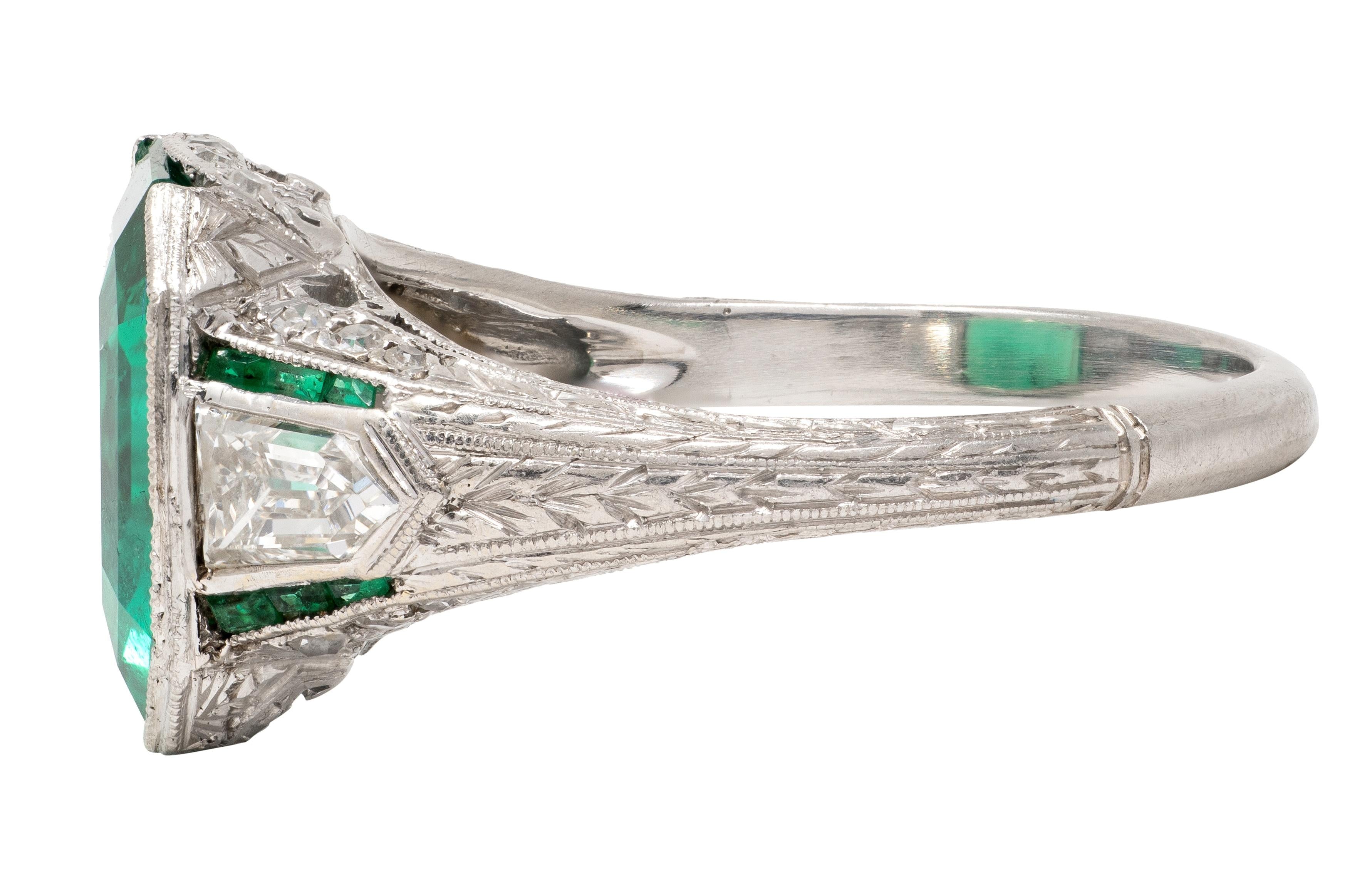 Art Deco 3.57 CTW Colombian Emerald Diamond Platinum Vintage Wheat Ring AGL