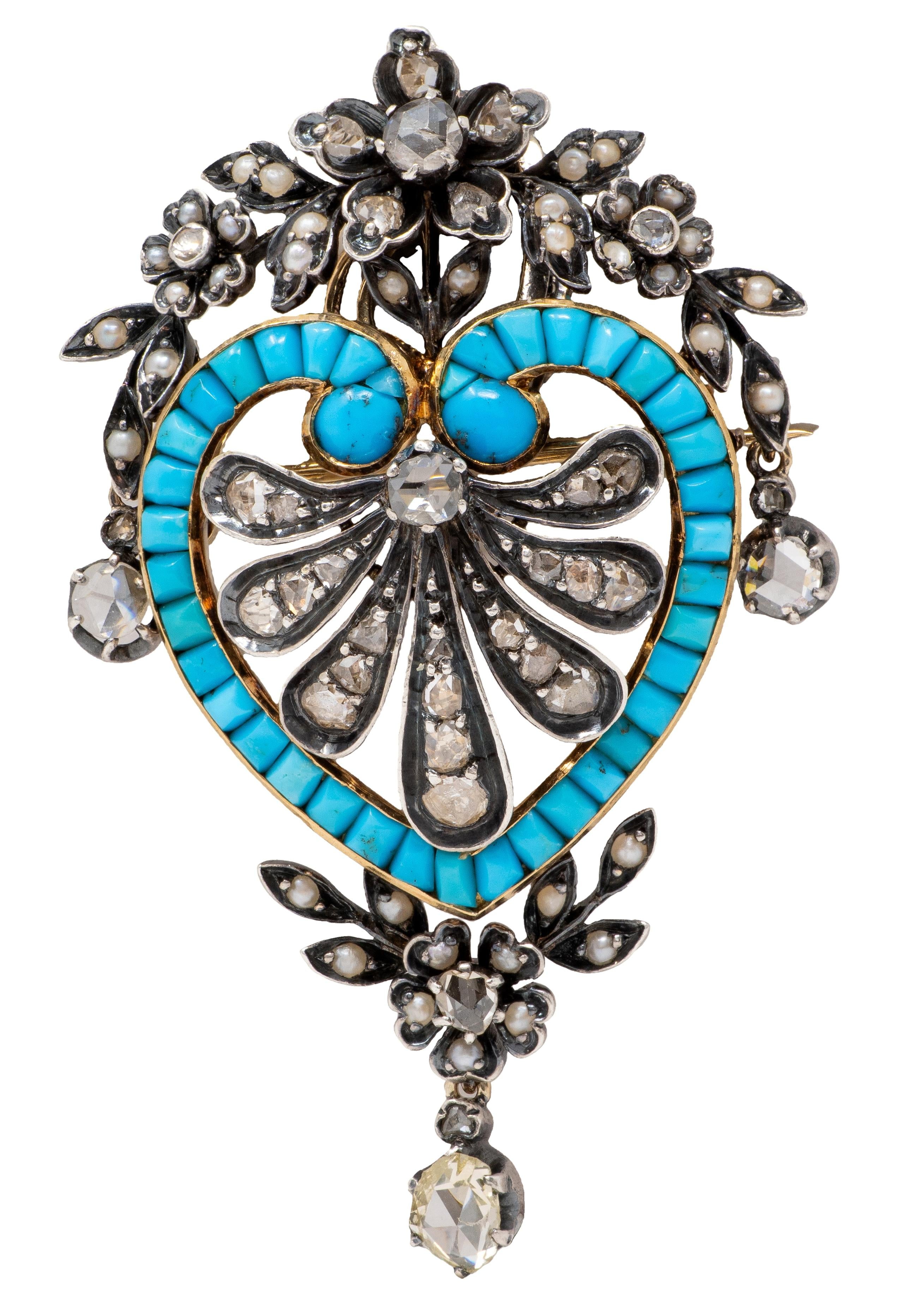 Victorian Multi-Gem Diamond 18K Yellow Gold Silver Antique Heart Pendant Brooch