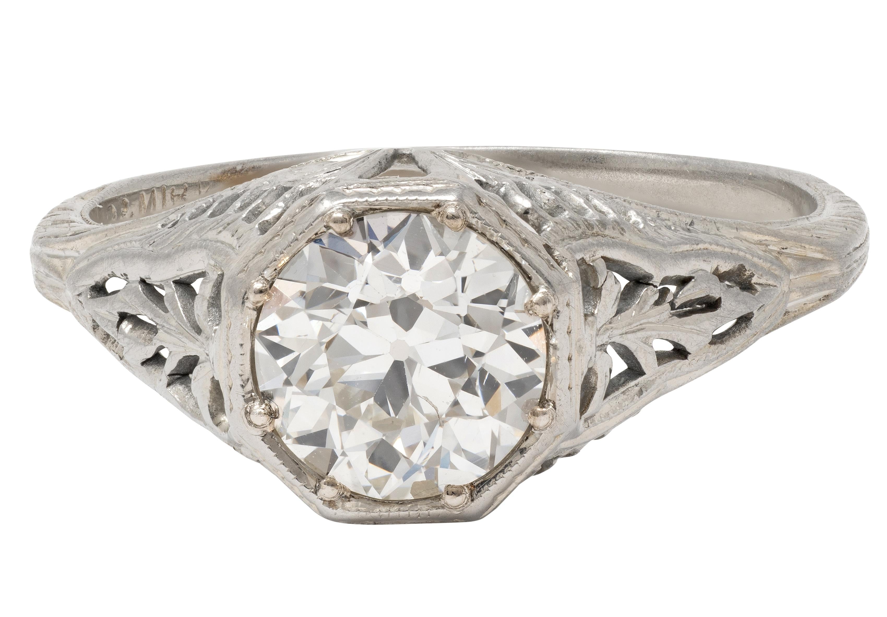 Art Deco Old European Diamond 18K White Gold Foliate Antique Engagement Ring GIA