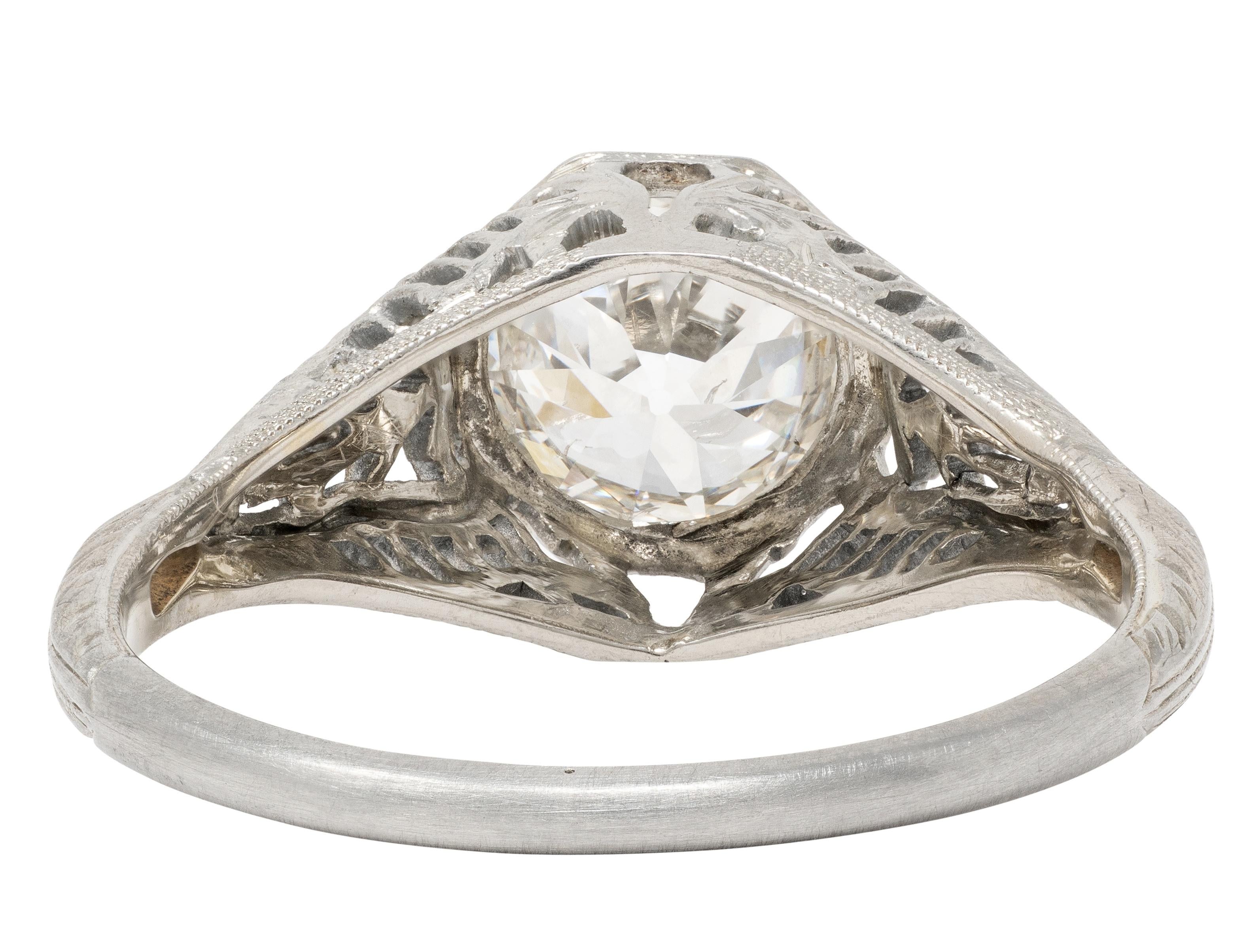Art Deco Old European Diamond 18K White Gold Foliate Antique Engagement Ring GIA