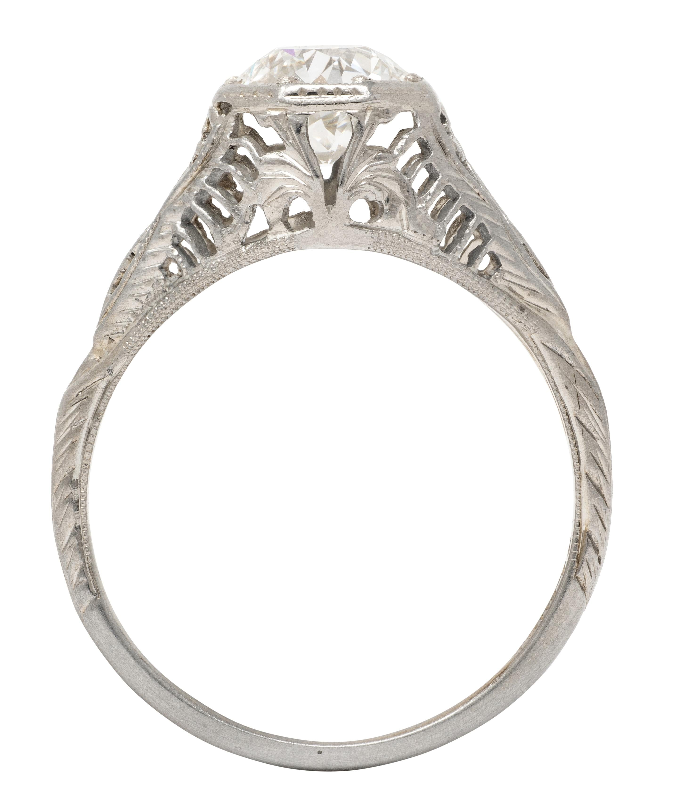 Art Deco Old European Diamond 18K White Gold Foliate Antique Engagement Ring GIA