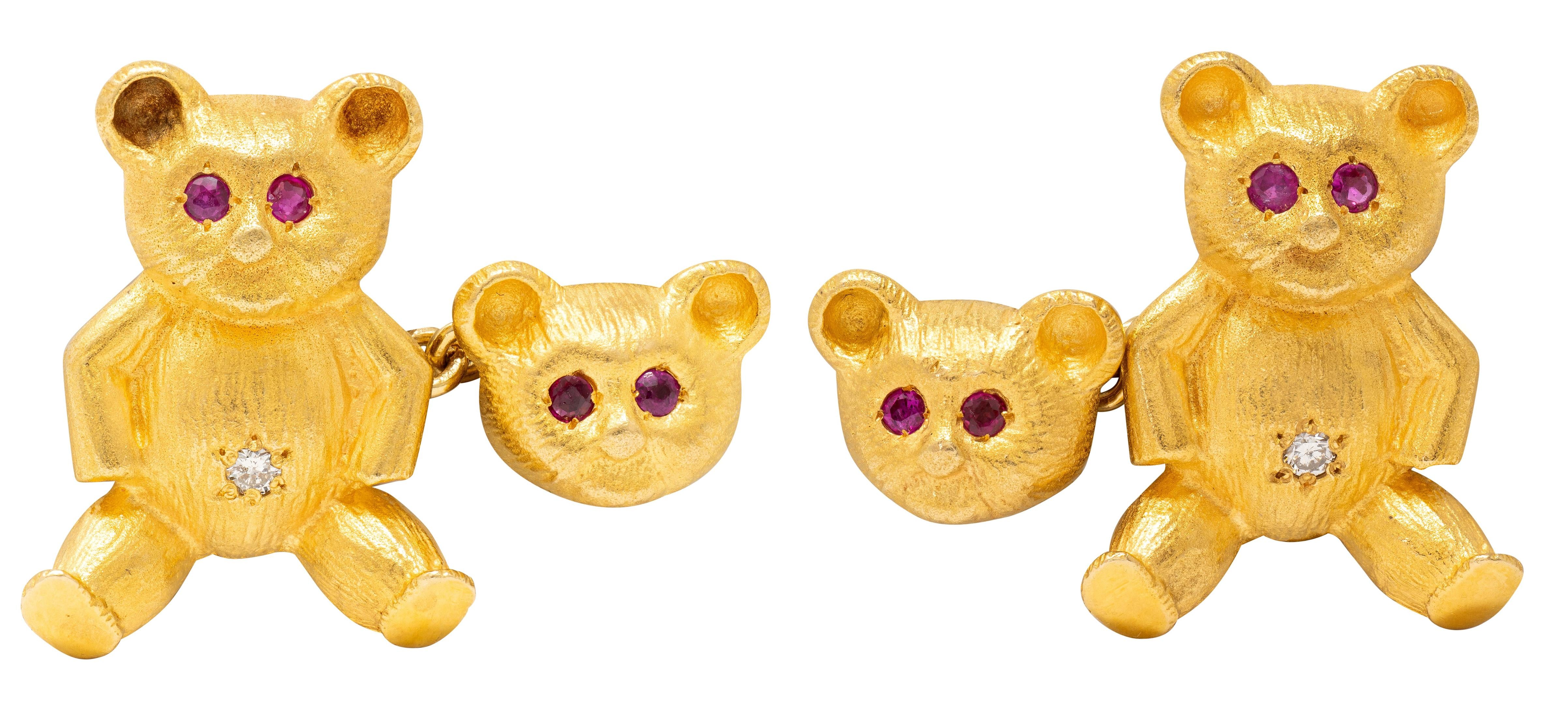 1960's Diamond Ruby 18 Karat Yellow Gold Vintage Teddy Bear Cufflinks