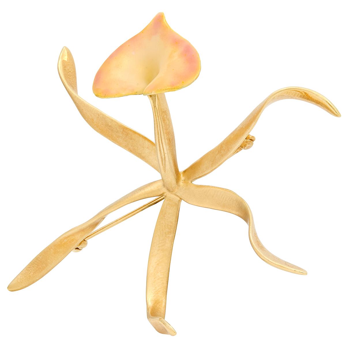 Angela Cummings 1988 Enamel 18 Karat Yellow Gold Vintage Orchid Flower Brooch