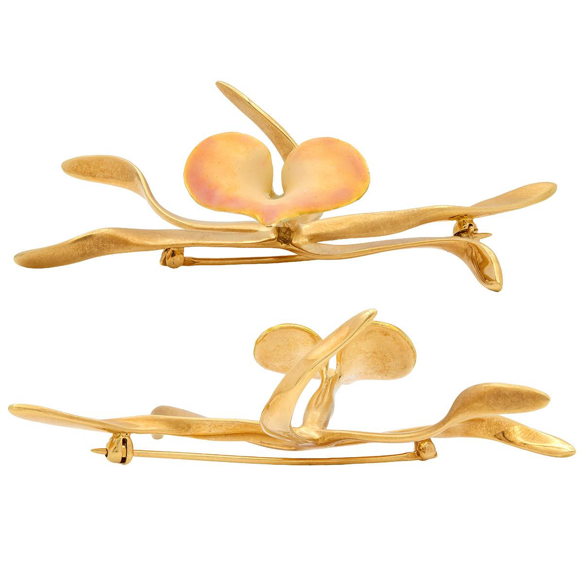 Angela Cummings 1988 Enamel 18 Karat Yellow Gold Vintage Orchid Flower Brooch