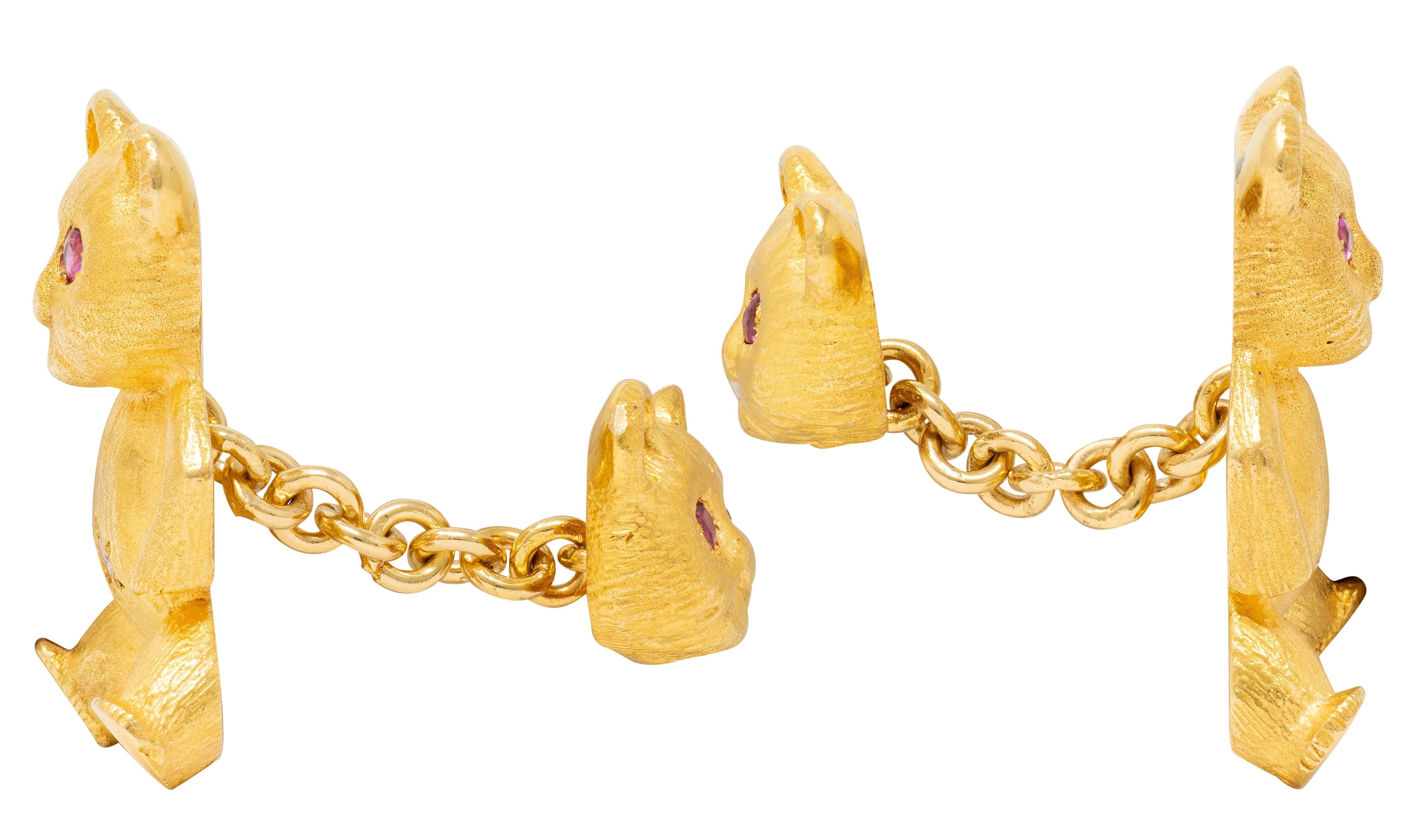 1960's Diamond Ruby 18 Karat Yellow Gold Vintage Teddy Bear Cufflinks