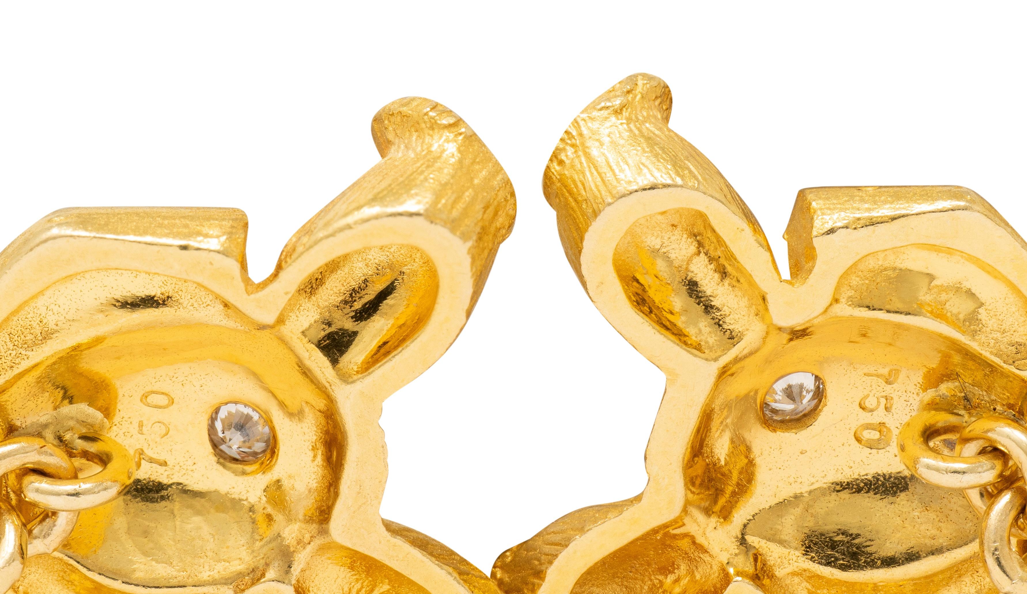 1960's Diamond Ruby 18 Karat Yellow Gold Vintage Teddy Bear Cufflinks