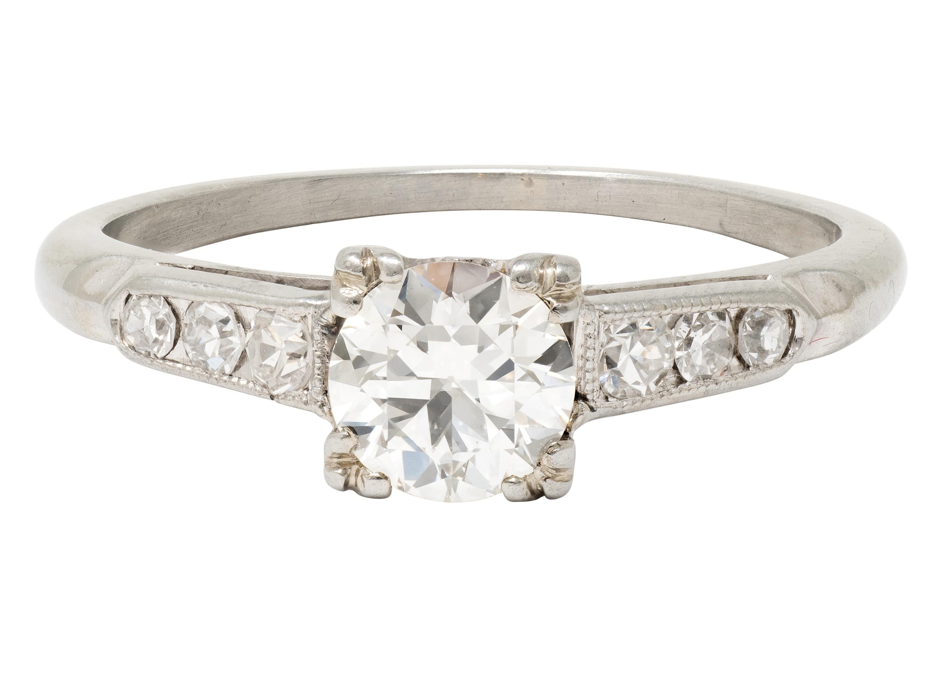 Art Deco European Diamond 18K White Gold Vintage Fleur-De-Lis Engagement Ring