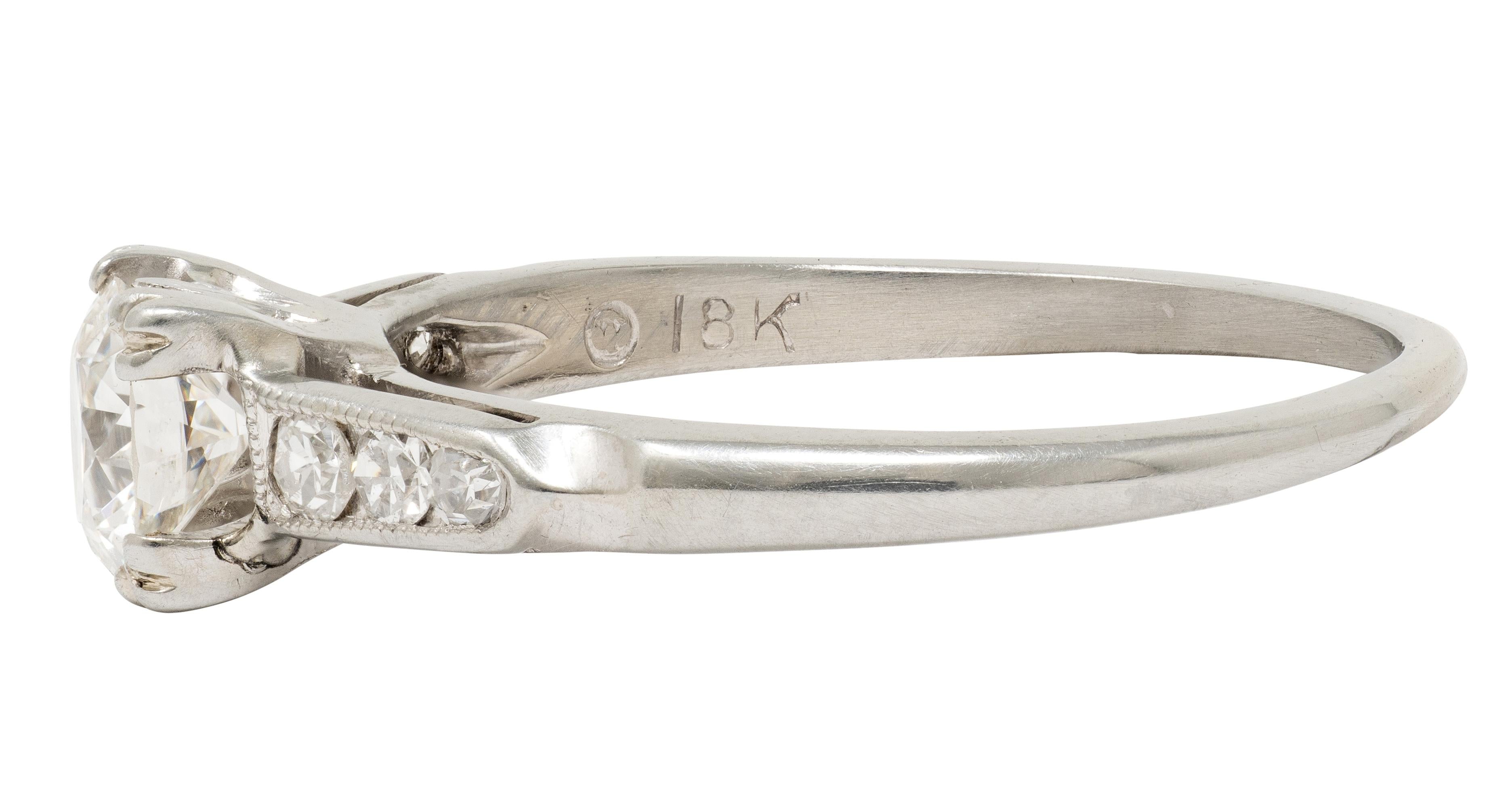 Art Deco European Diamond 18K White Gold Vintage Fleur-De-Lis Engagement Ring