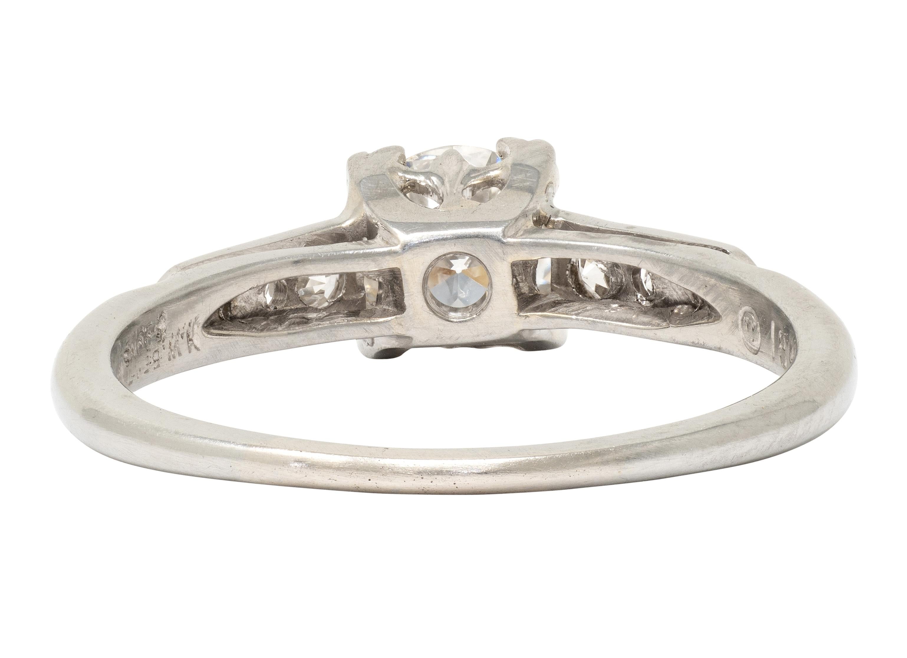 Art Deco European Diamond 18K White Gold Vintage Fleur-De-Lis Engagement Ring