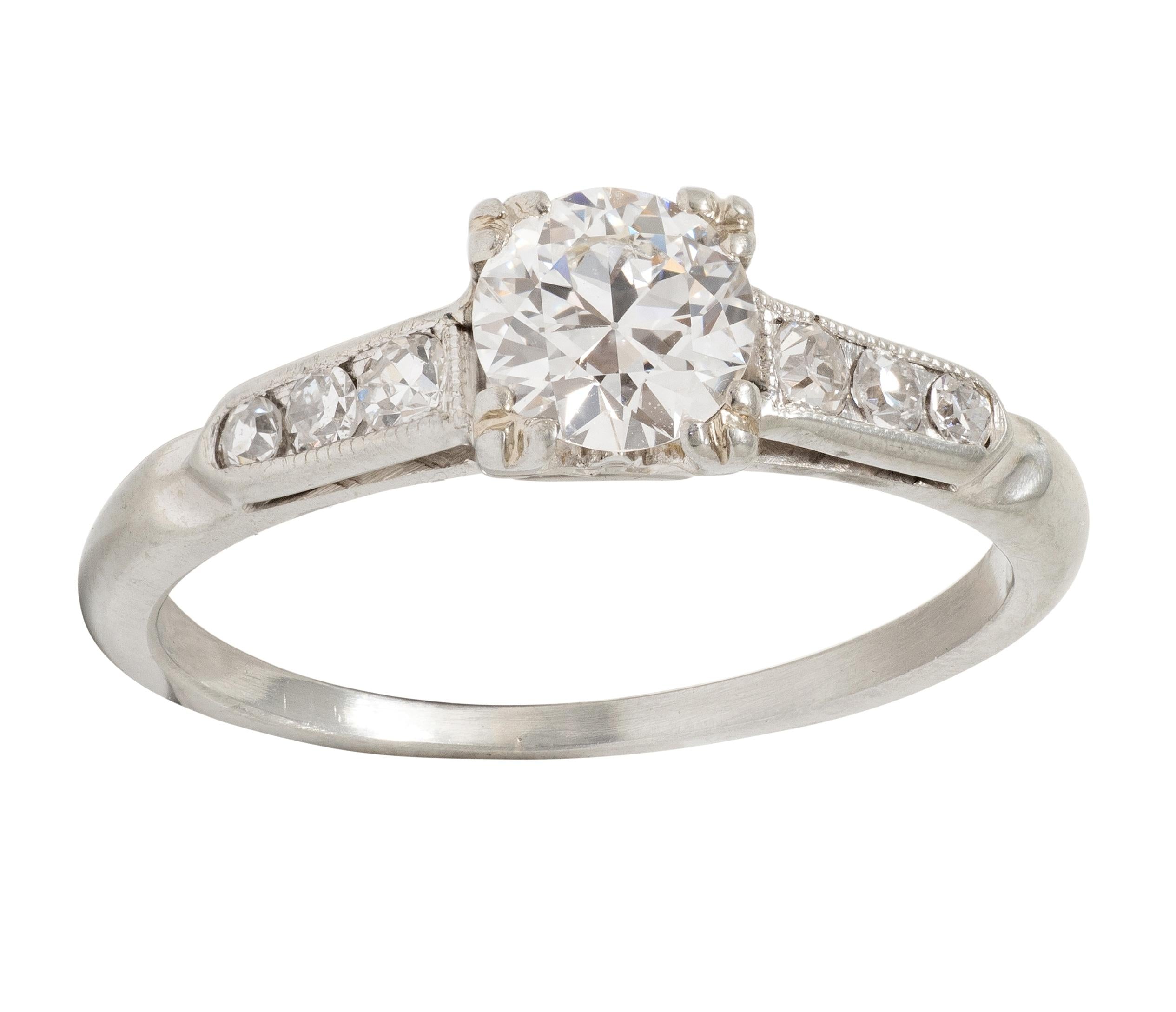 Art Deco European Diamond 18K White Gold Vintage Fleur-De-Lis Engagement Ring
