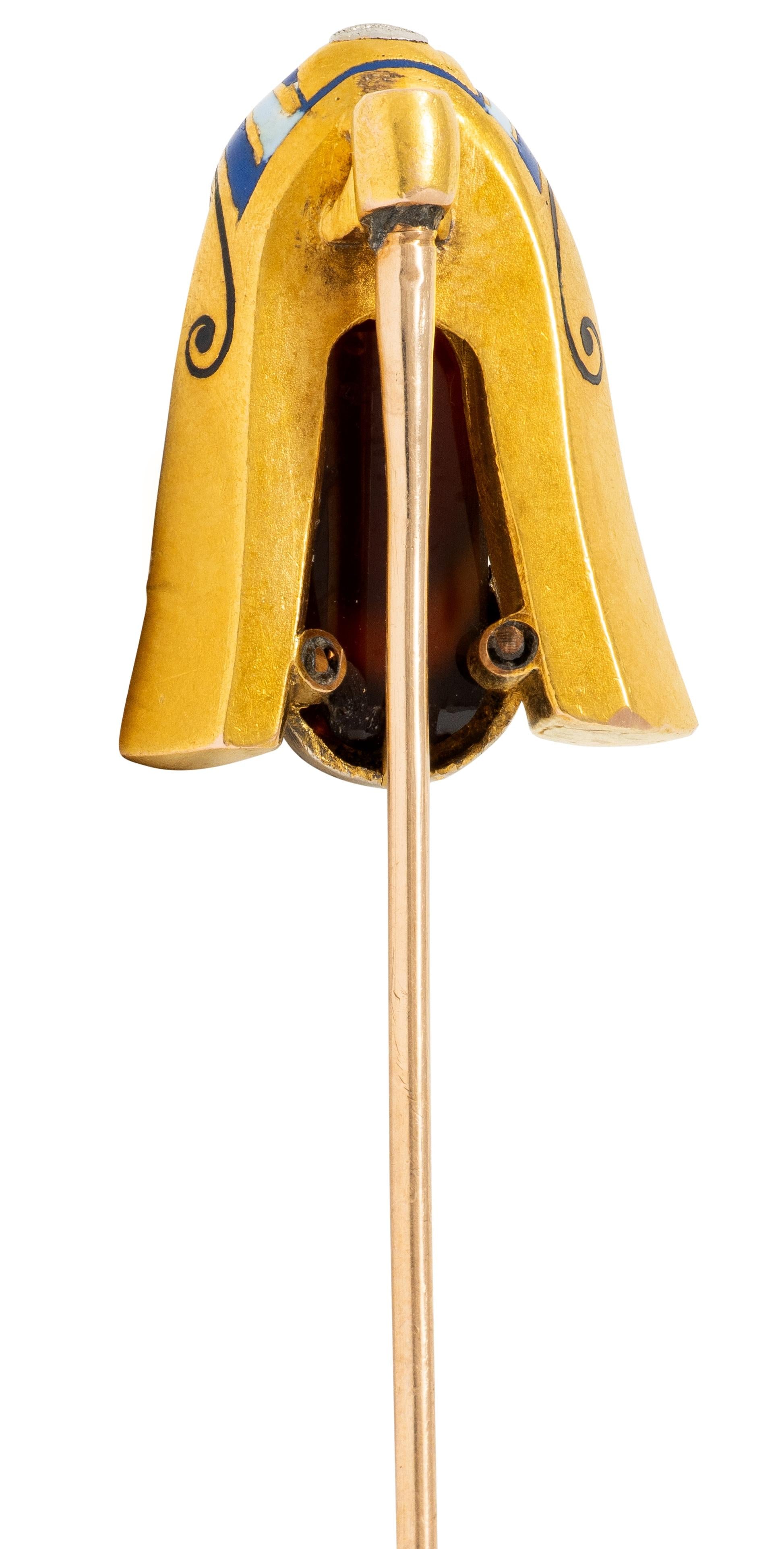 Art Deco Egyptian Carnelian Enamel 14K Gold Platinum Antique Pharaoh Stickpin