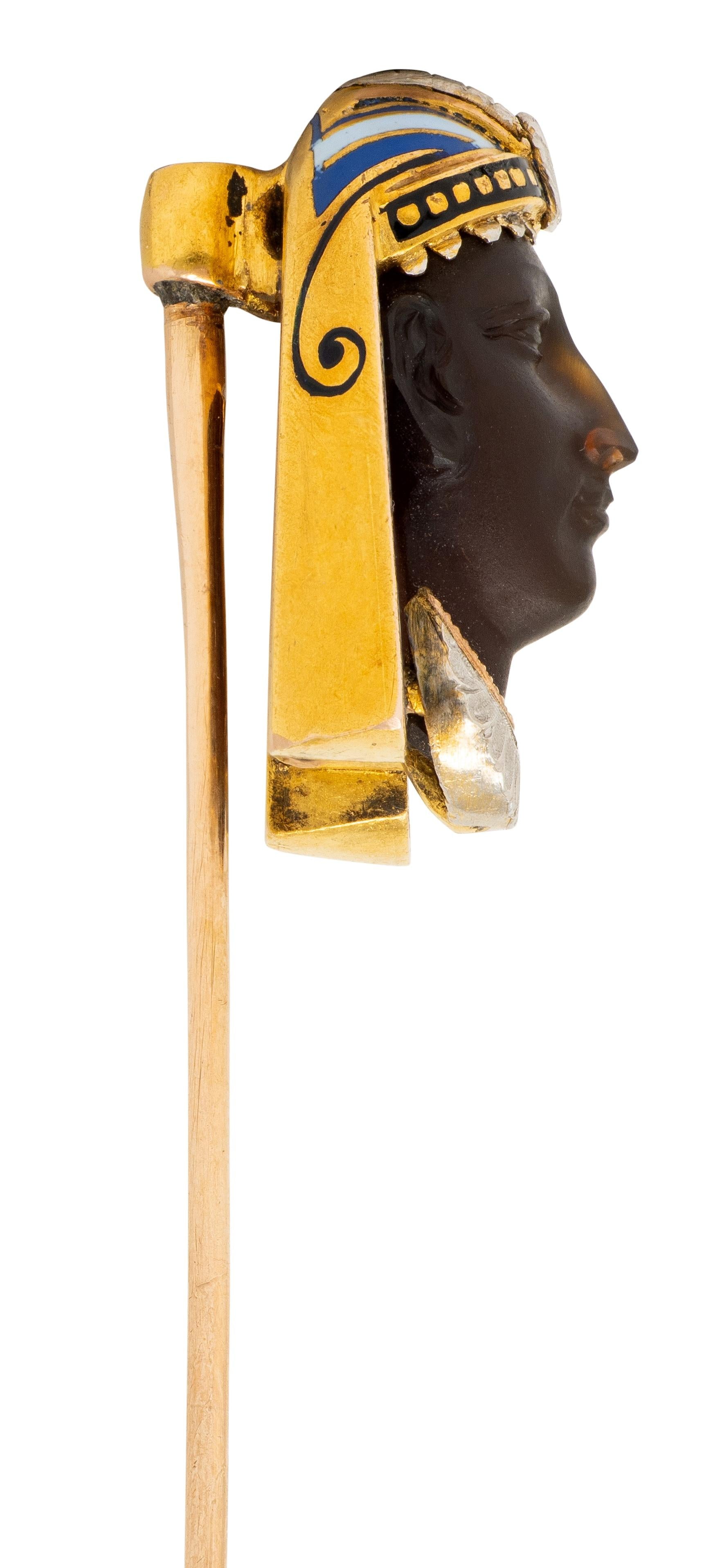 Art Deco Egyptian Carnelian Enamel 14K Gold Platinum Antique Pharaoh Stickpin