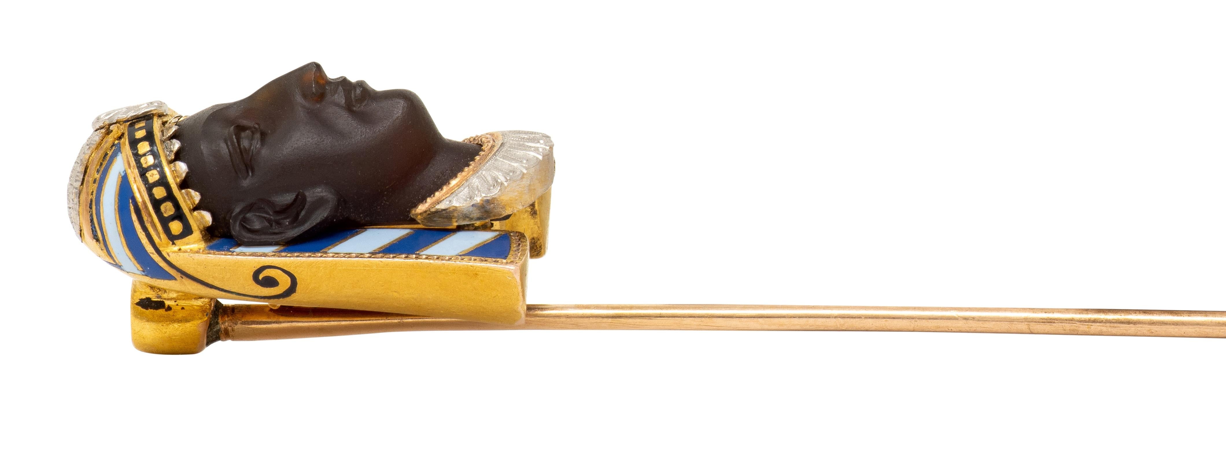 Art Deco Egyptian Carnelian Enamel 14K Gold Platinum Antique Pharaoh Stickpin