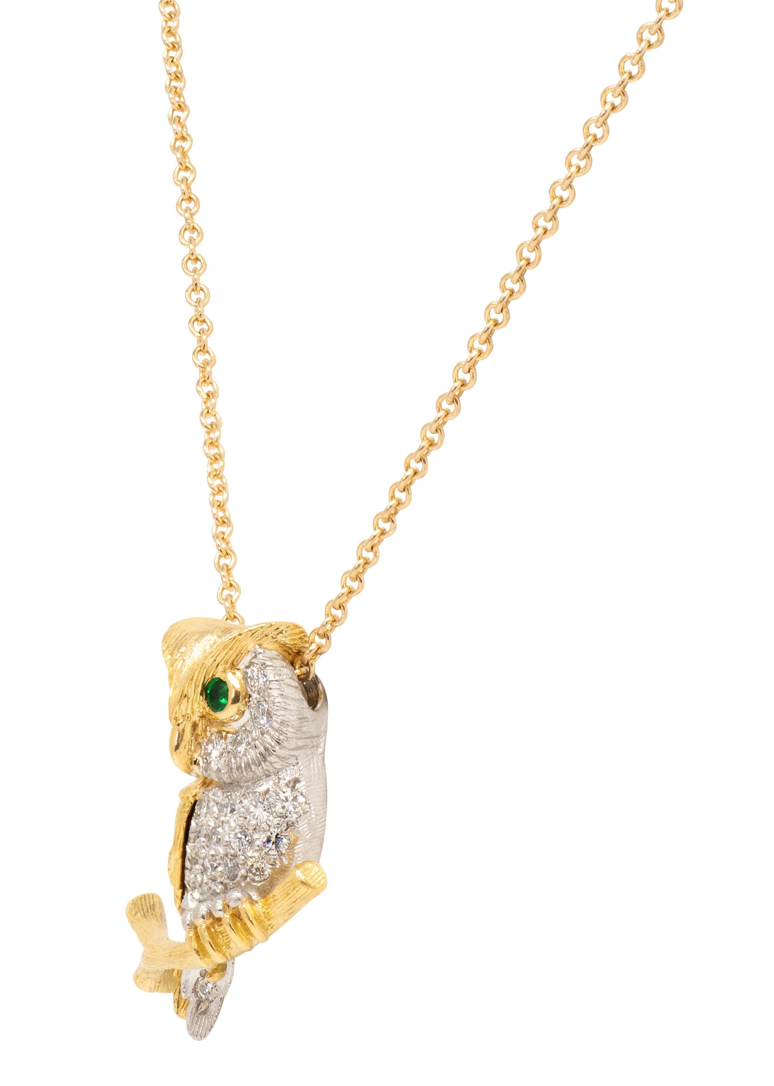 Mctiegue 1960's Garnet Diamond 18K Gold Platinum Vintage Owl Pendant Necklace