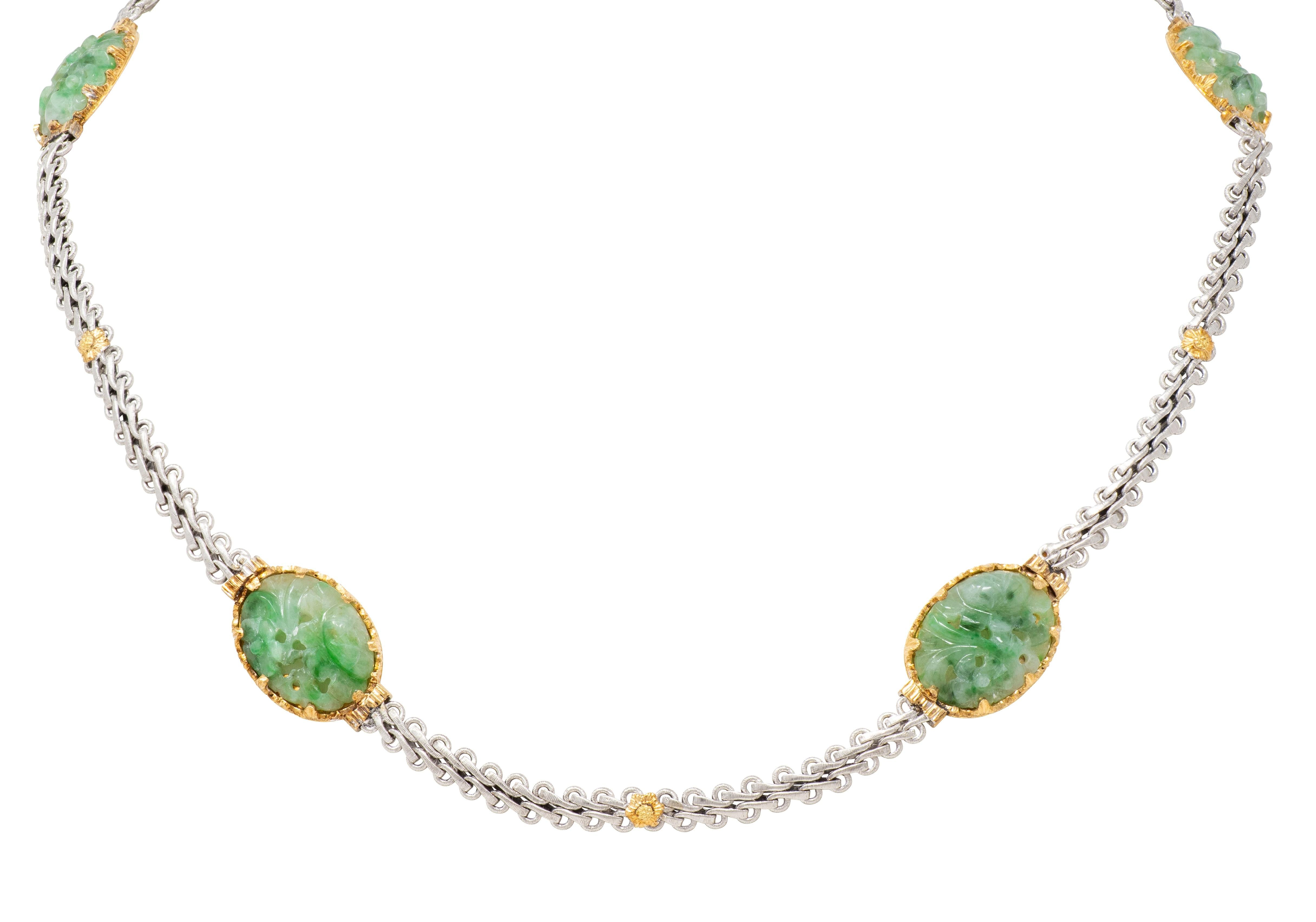 Mario Buccellati 1976 Jade 18K Gold Vintage Carved Floral Station Necklace