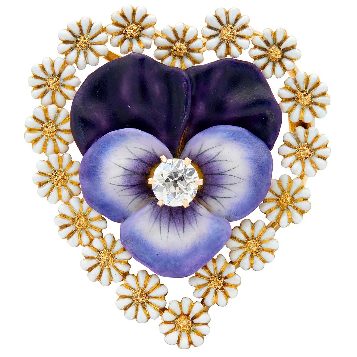 T.B. Starr Victorian 1885 Diamond Enamel 14K Gold Antique Pansy Daisy Brooch