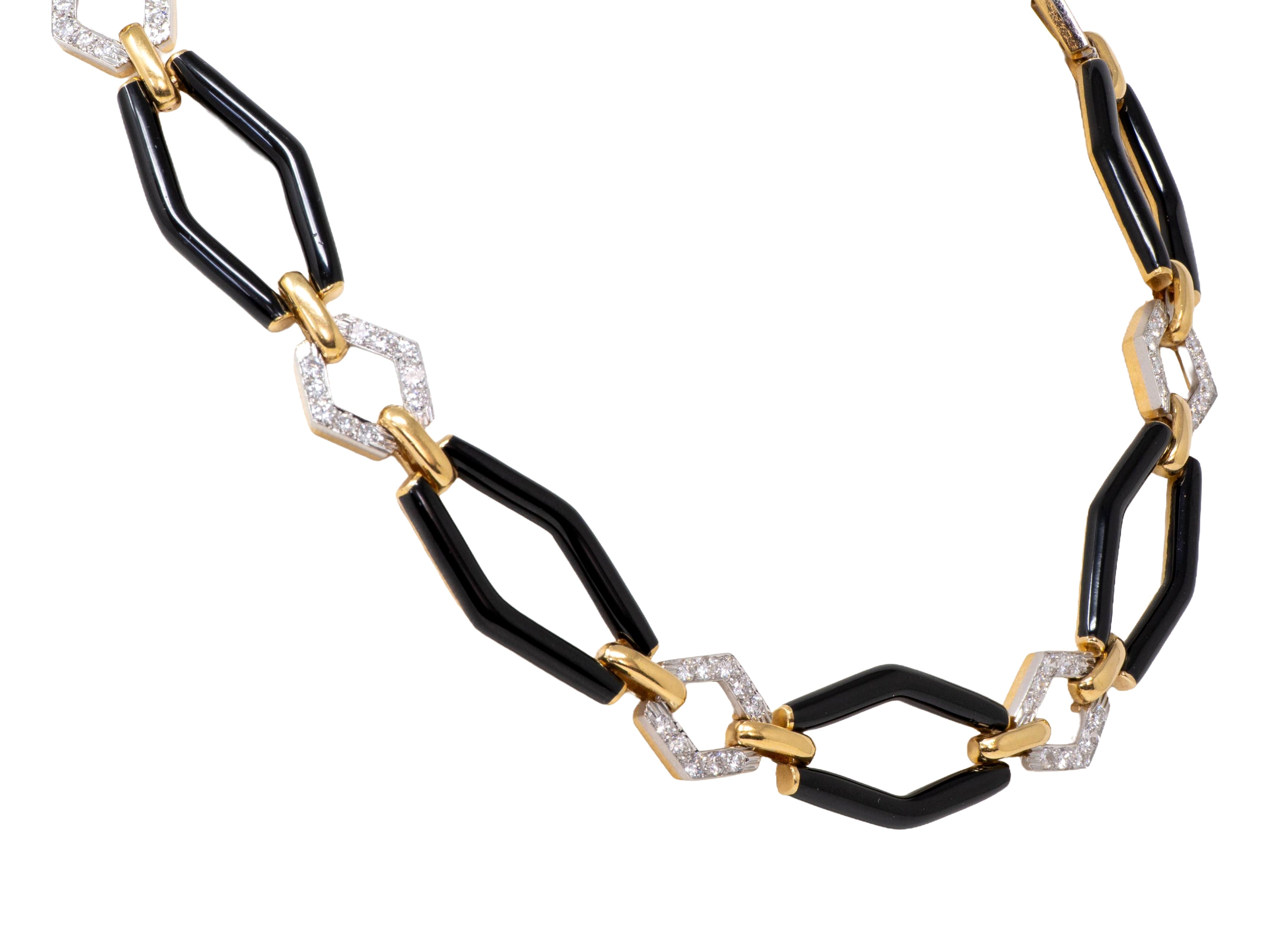 David Webb 1980's Diamond Enamel 18 Karat Yellow Gold Platinum Vintage Navette Link Necklace
