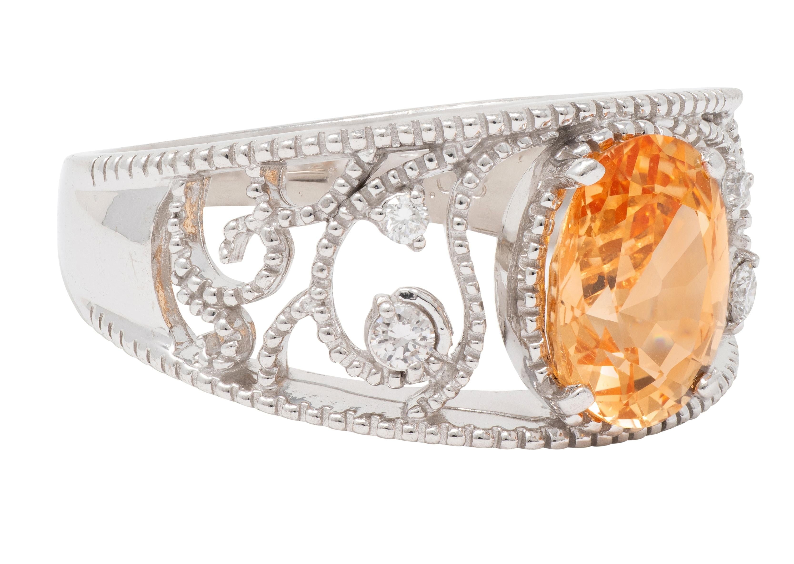 2010's No Heat Ceylon Orange Sapphire 18 Karat White Gold Scrolling Ring GIA