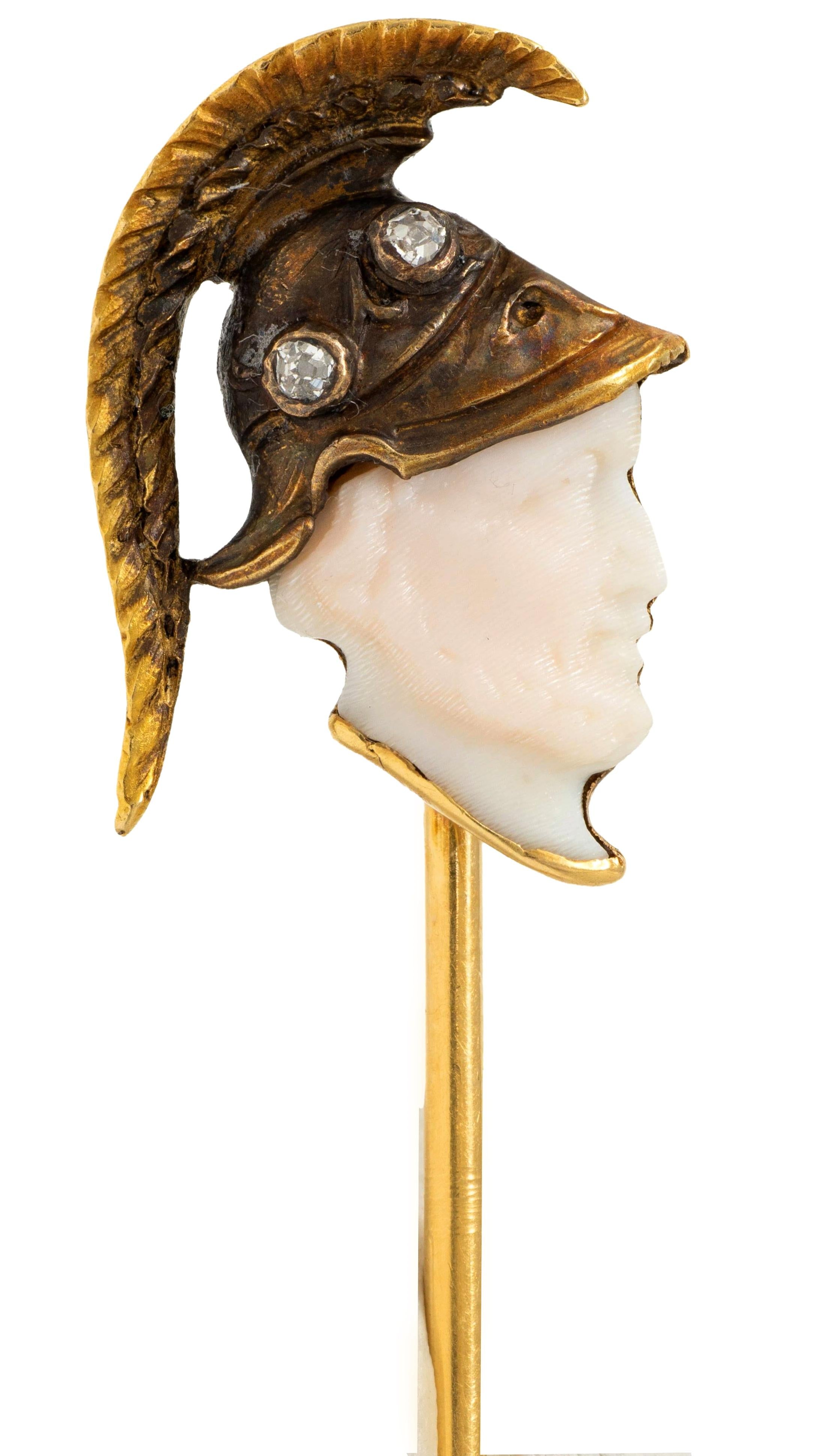 Victorian Shell Diamond 18K Yellow Gold Antique Roman Soldier Cameo Stickpin